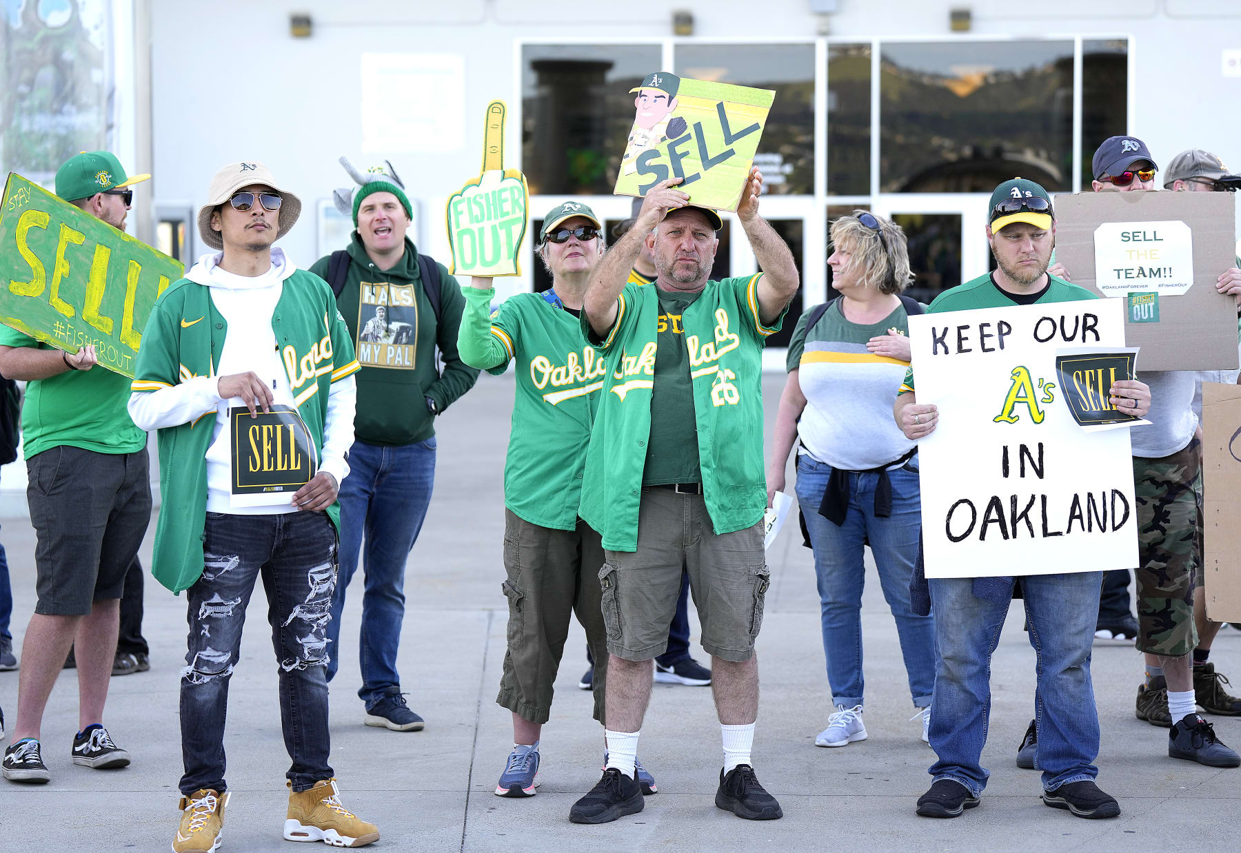 OAKLAND, CALIFORNIA - APRIL 28: With the decision to move from  Oakland to Las Vegas fans of the Oakland Athletics protest with signs outside the stadium prior to the start of the game against the Cincinnati Reds at RingCentral Coliseum on April 28, 2023 in Oakland, California. (Photo by Thearon W. Henderson/Getty Images)
