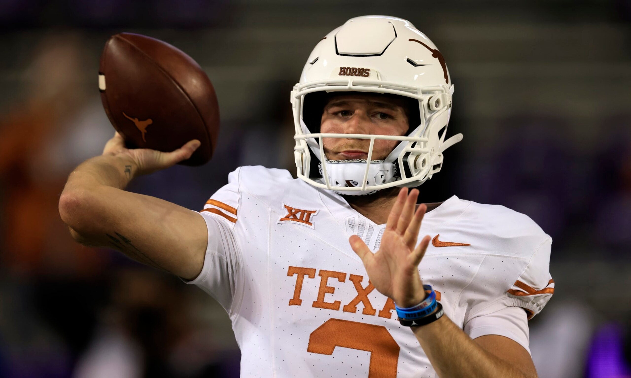 FORT WORTH, TX - NOVEMBER 11: Quinn Ewers #3 of the Texas Longhorns warms up before playing against the TCU Horned Frogs at Amon G. Carter Stadium on November 11, 2023 in Fort Worth, Texas. (Photo by Ron Jenkins/Getty Images)