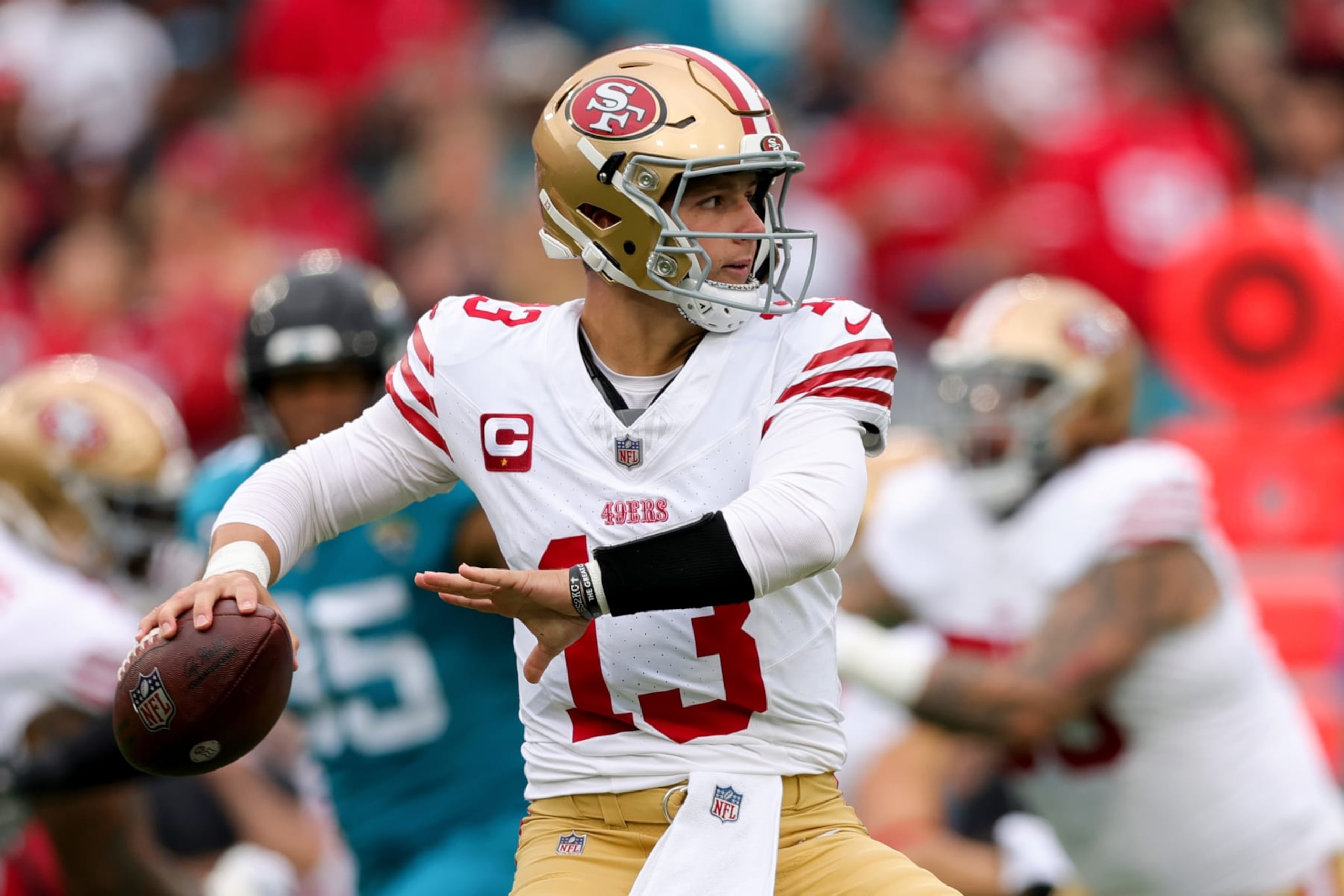JACKSONVILLE, FLORIDA - NOVEMBER 12: Brock Purdy #13 of the San Francisco 49ers throws a pass against the Jacksonville Jaguars during the first half of the game at EverBank Stadium on November 12, 2023 in Jacksonville, Florida. (Photo by Megan Briggs/Getty Images)