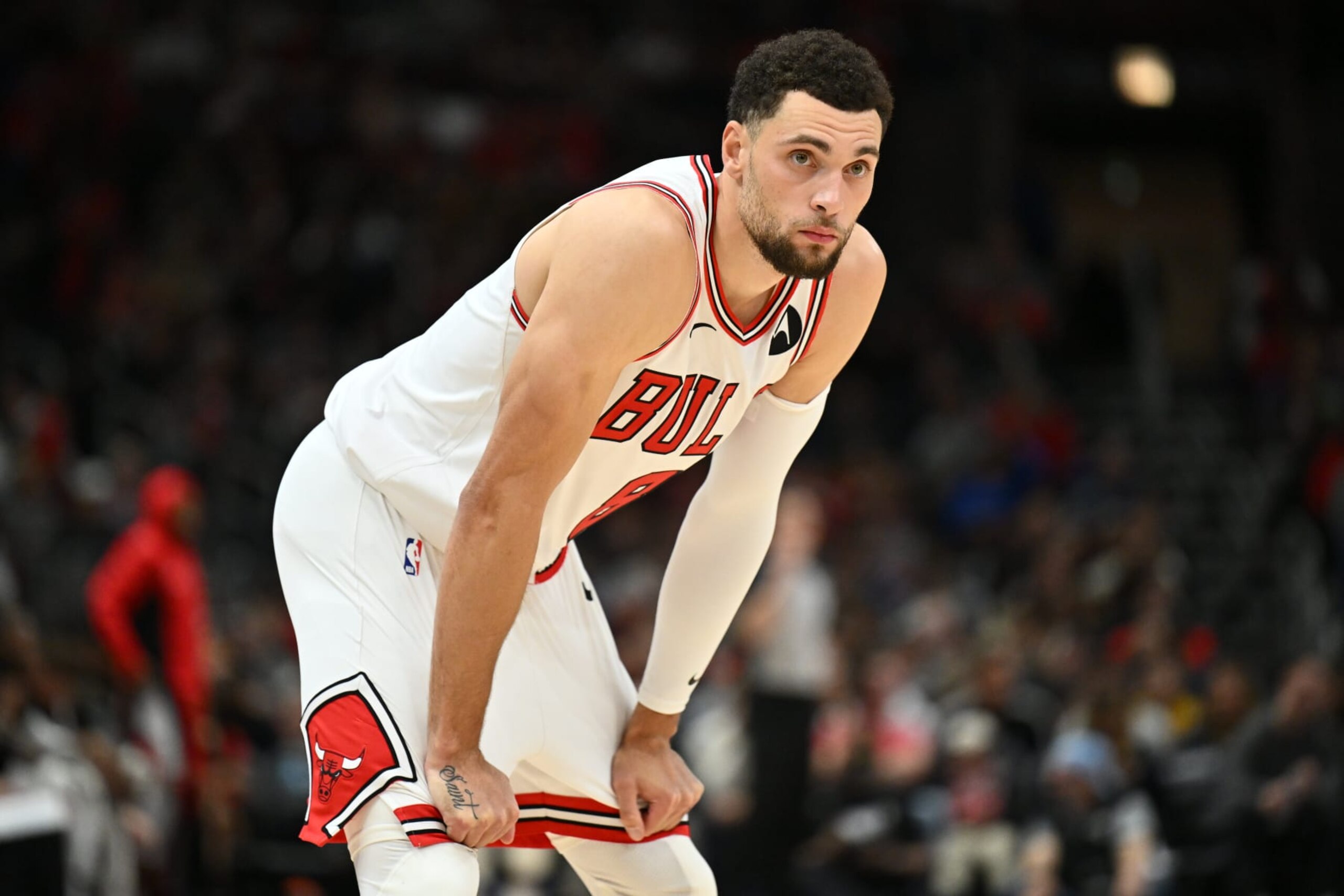 CHICAGO, ILLINOIS - NOVEMBER 15: Zach Lavine #8 of the Chicago Bulls waits for play to begin after a time out in the first half against the Orlando Magic on November 15, 2023 at United Center in Chicago, Illinois.  NOTE TO USER: User expressly acknowledges and agrees that, by downloading and or using this photograph, User is consenting to the terms and conditions of the Getty Images License Agreement. (Photo by Jamie Sabau/Getty Images)