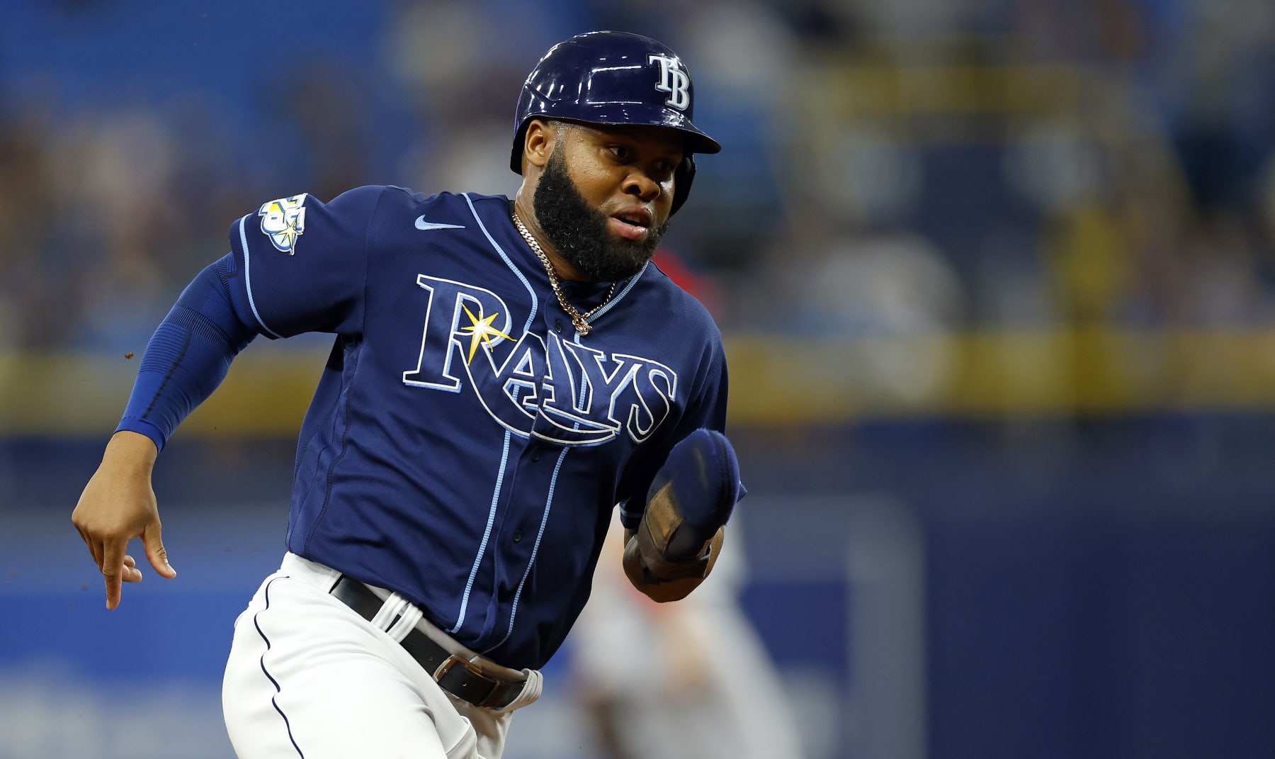 ST PETERSBURG, FLORIDA - SEPTEMBER 20: Manuel Margot #13 of the Tampa Bay Rays scores a run in the sixth inning during a game against the Los Angeles Angels at Tropicana Field on September 20, 2023 in St Petersburg, Florida. (Photo by Mike Ehrmann/Getty Images)