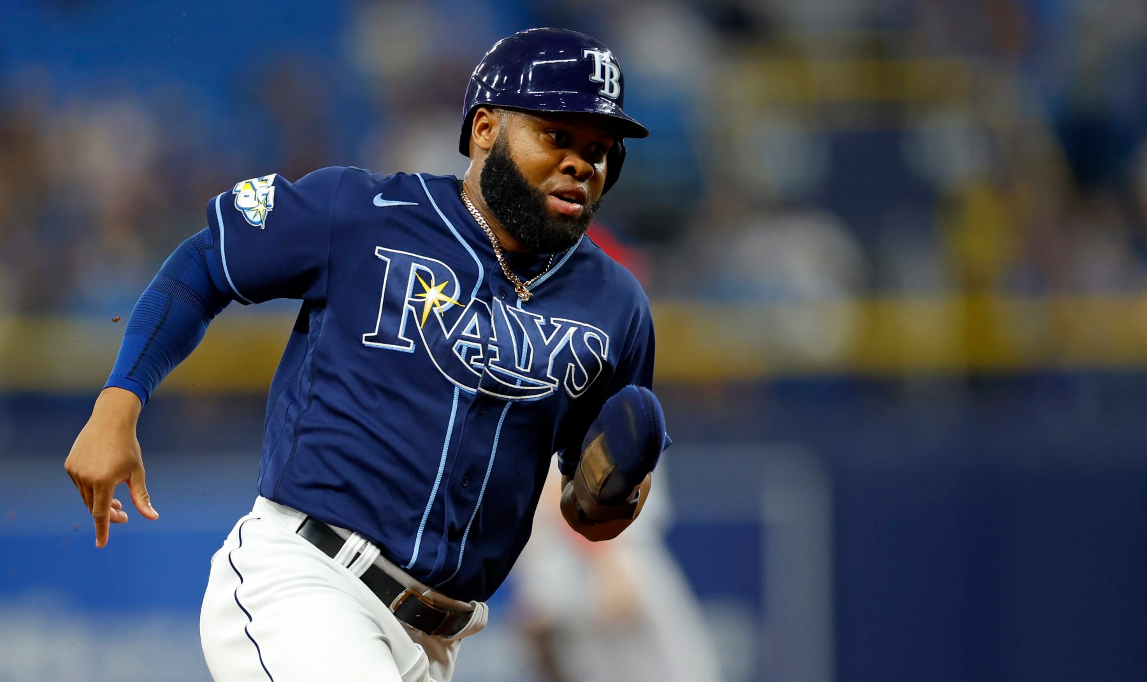 ST PETERSBURG, FLORIDA - SEPTEMBER 20: Manuel Margot #13 of the Tampa Bay Rays scores a run in the sixth inning during a game against the Los Angeles Angels at Tropicana Field on September 20, 2023 in St Petersburg, Florida. (Photo by Mike Ehrmann/Getty Images)