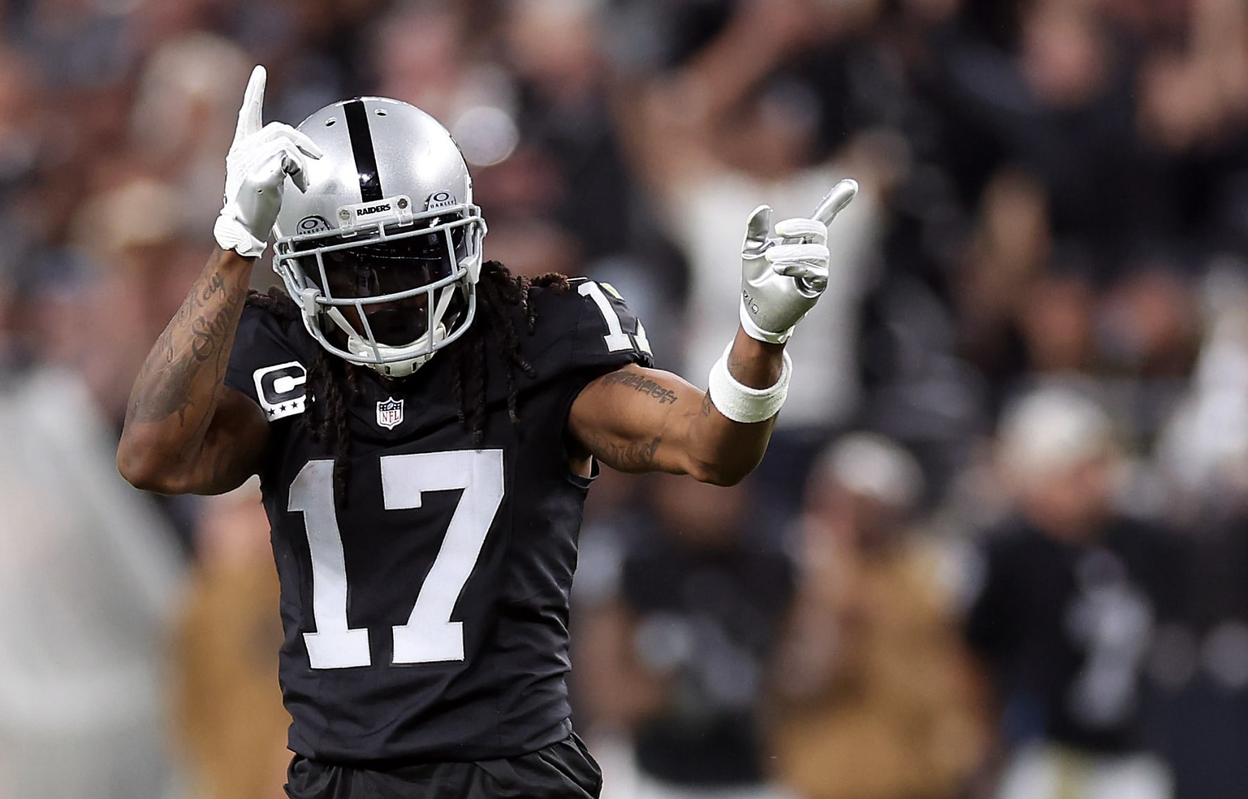 LAS VEGAS, NEVADA - NOVEMBER 12:  Wide receiver Davante Adams #17 the Las Vegas Raiders reacts after making a catch during the 2nd quarter of the game against the New York Jets at Allegiant Stadium on November 12, 2023 in Las Vegas, Nevada. (Photo by Sean M. Haffey/Getty Images)