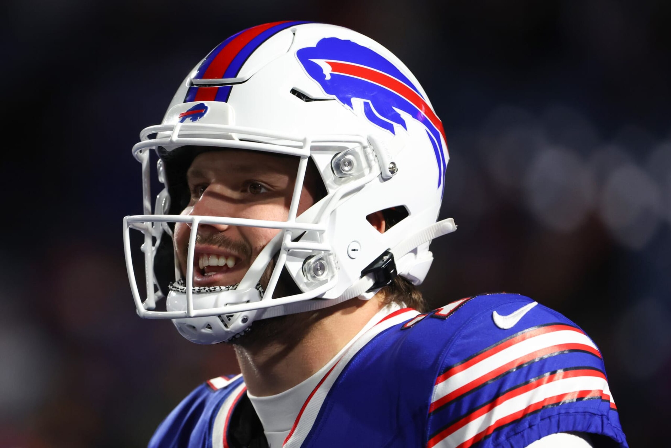 ORCHARD PARK, NEW YORK - NOVEMBER 13: Josh Allen #17 of the Buffalo Bills warms up prior to a game against the Denver Broncos at Highmark Stadium on November 13, 2023 in Orchard Park, New York. (Photo by Timothy T Ludwig/Getty Images)