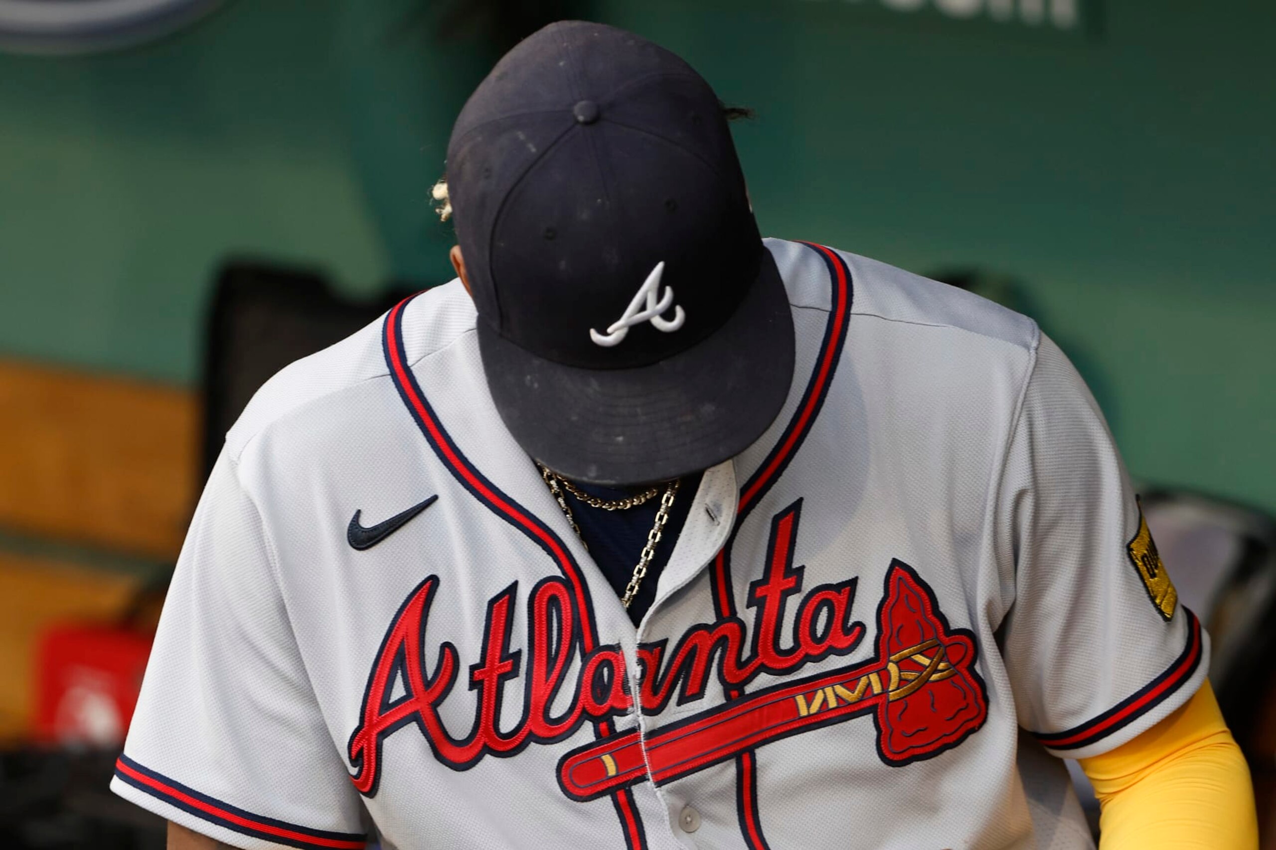 BOSTON, MA - JULY 26: The Atlanta Braves logo is seen on the jersey and hat of Ronald Acuna Jr. #13 before their game against the Boston Red Sox at Fenway Park on July 26, 2023 in Boston, Massachusetts. (Photo By Winslow Townson/Getty Images)