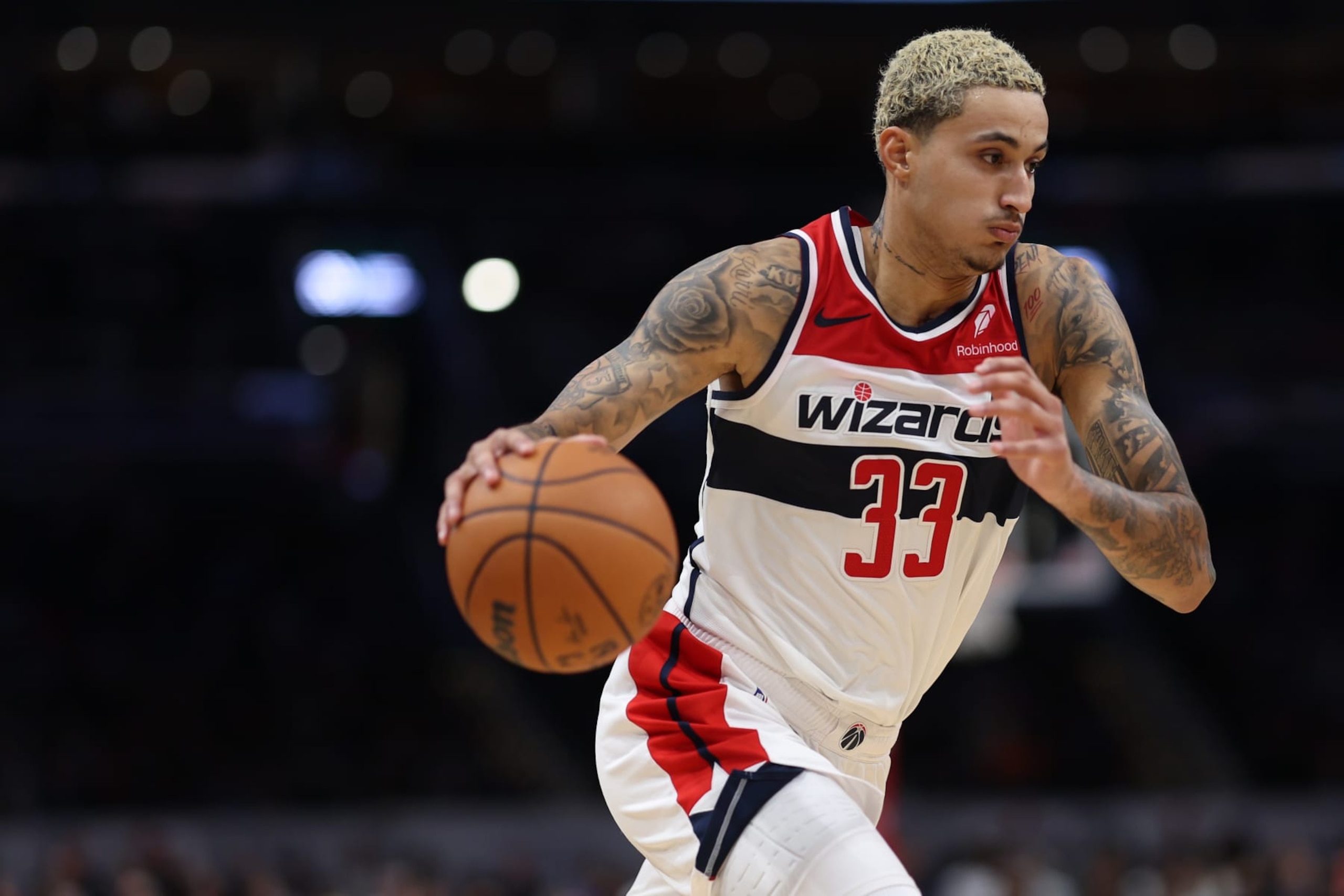 WASHINGTON, DC - NOVEMBER 15: Kyle Kuzma #33 of the Washington Wizards dribbles the ball against the Dallas Mavericks during the second half at Capital One Arena on November 15, 2023 in Washington, DC. NOTE TO USER: User expressly acknowledges and agrees that, by downloading and or using this photograph, User is consenting to the terms and conditions of the Getty Images License Agreement. (Photo by Patrick Smith/Getty Images) WASHINGTON, DC - NOVEMBER 15: Kyle Kuzma #33 of the Washington Wizards dribbles the ball against the Dallas Mavericks during the second half at Capital One Arena on November 15, 2023 in Washington, DC. NOTE TO USER: User expressly acknowledges and agrees that, by downloading and or using this photograph, User is consenting to the terms and conditions of the Getty Images License Agreement. (Photo by Patrick Smith/Getty Images)