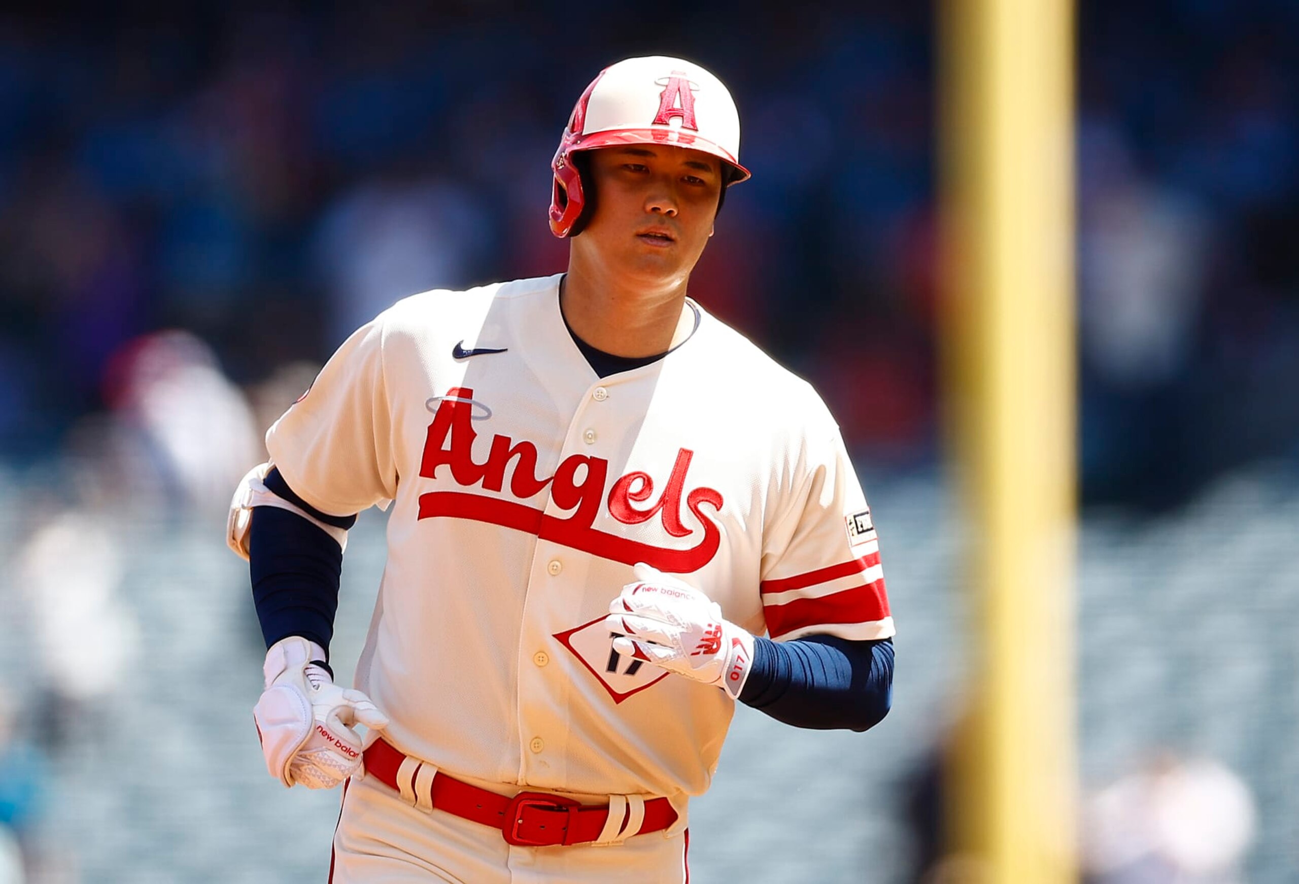 ANAHEIM, CALIFORNIA - AUGUST 23:  Shohei Ohtani #17 of the Los Angeles Angels hits a two-run home run against the Cincinnati Reds in the first inning during game one of a doubleheader at Angel Stadium of Anaheim on August 23, 2023 in Anaheim, California. (Photo by Ronald Martinez/Getty Images)
