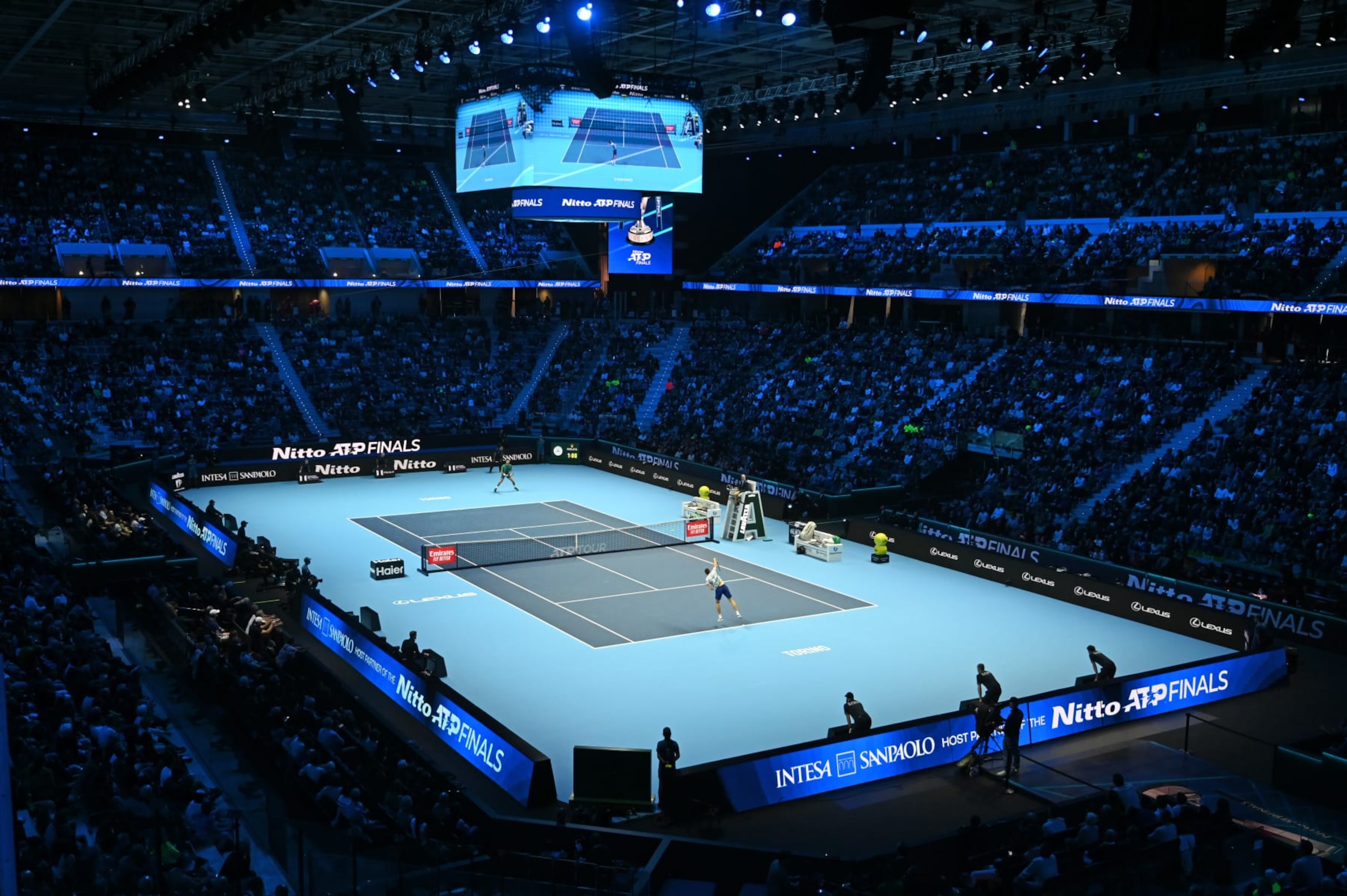 TURIN, ITALY - NOVEMBER 15: General view during the Nitto ATP Finals match between Novak Djokovic and Hubert Hurkacz during day four of the Nitto ATP Finals at Pala Alpitour on November 15, 2023 in Turin, Italy. (Photo by Chris Ricco/Getty Images)