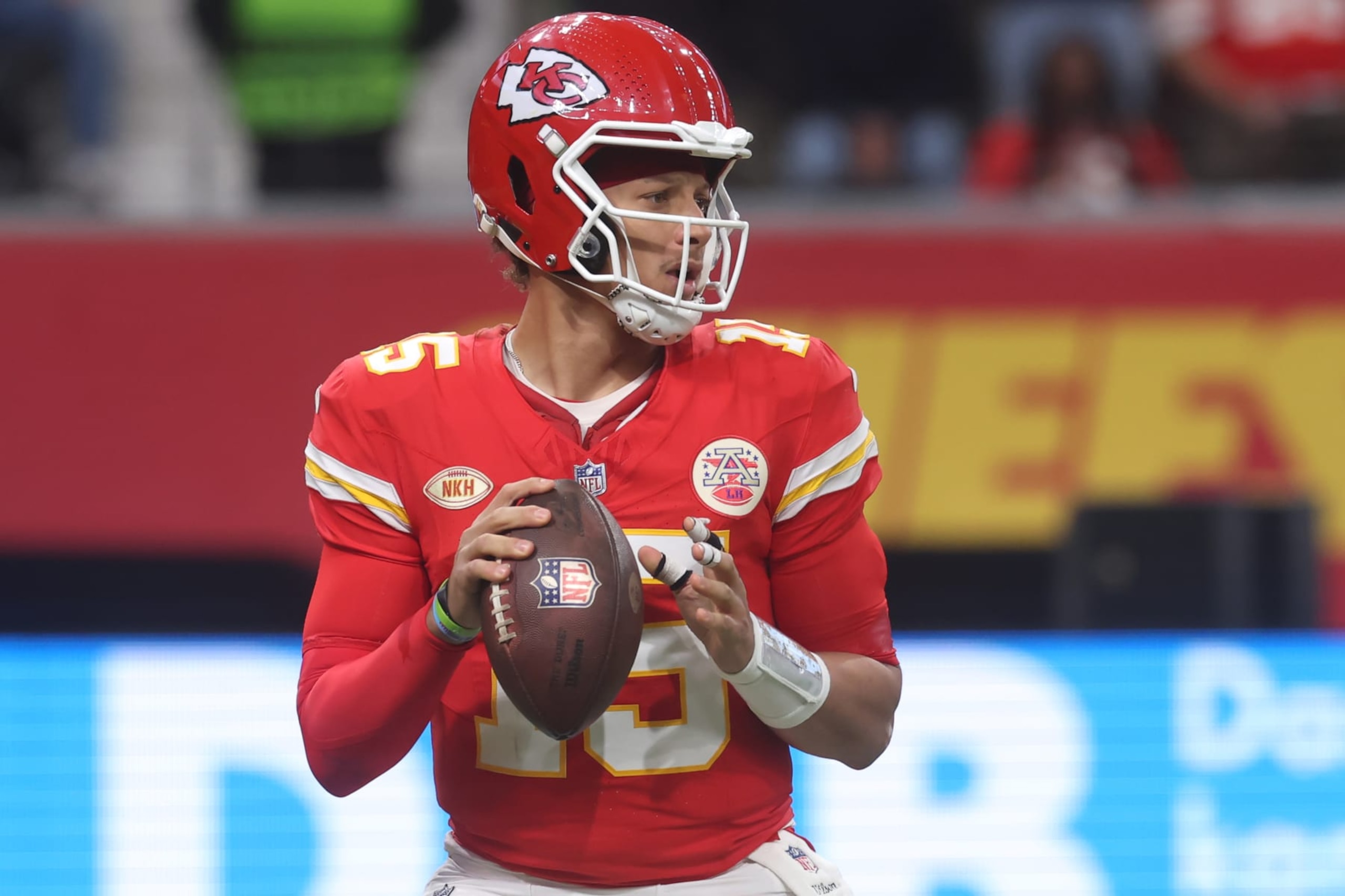 FRANKFURT AM MAIN, GERMANY - NOVEMBER 05: Patrick Mahomes #15 of the Kansas City Chiefs looks to pass during the NFL match between Miami Dolphins and Kansas City Chiefs at Deutsche Bank Park on November 05, 2023 in Frankfurt am Main, Germany. (Photo by Alex Grimm/Getty Images)