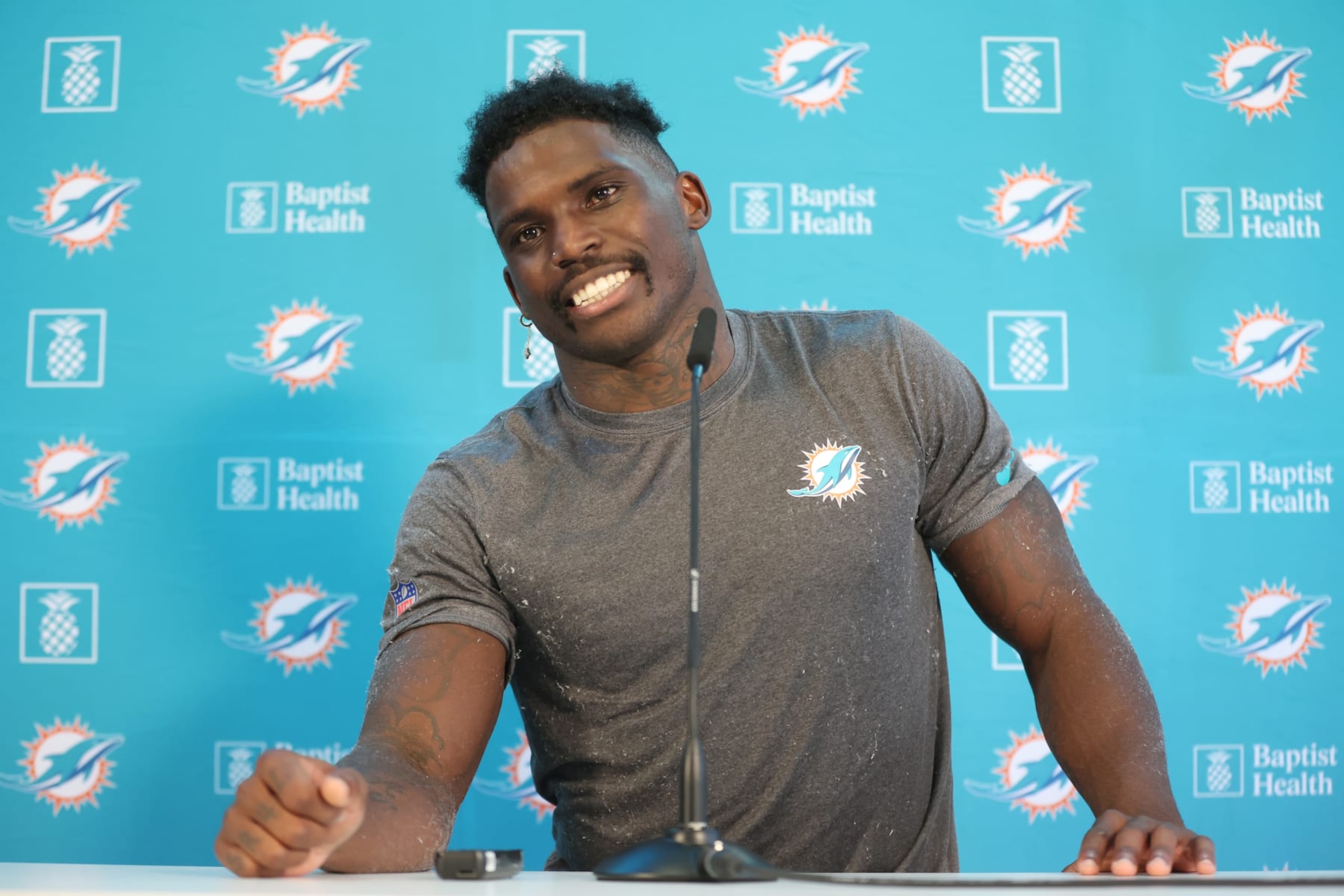 FRANKFURT AM MAIN, GERMANY - NOVEMBER 02: Tyreek Hill talks to the media during a Miami Dolphins press conference at PSD Bank Arena on November 02, 2023 in Frankfurt am Main, Germany. (Photo by Alex Grimm/Getty Images)