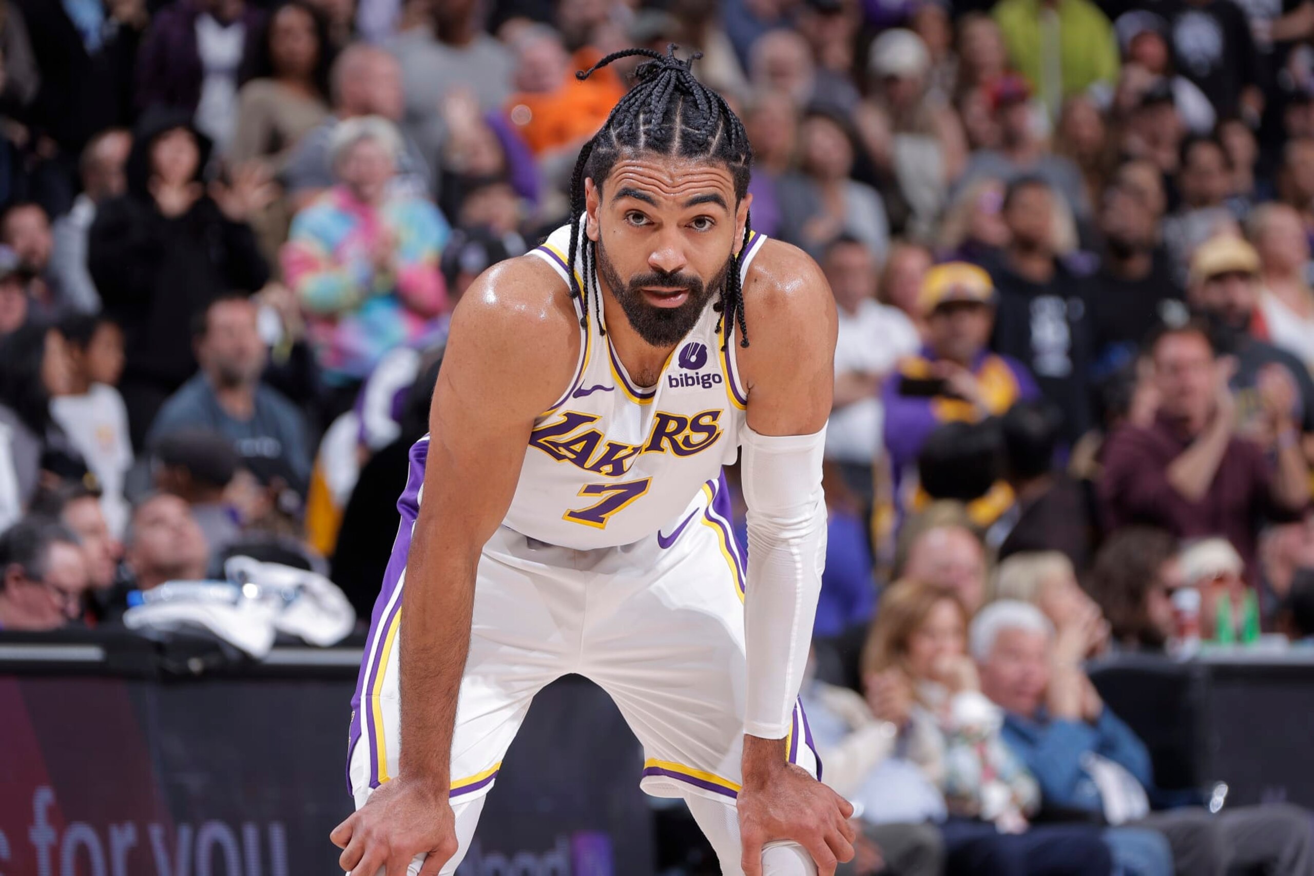 SACRAMENTO, CA - OCTOBER 29: Gabe Vincent #7 of the Los Angeles Lakers looks on during the game against the Sacramento Kings on October 29, 2023 at Golden 1 Center in Sacramento, California. NOTE TO USER: User expressly acknowledges and agrees that, by downloading and or using this photograph, User is consenting to the terms and conditions of the Getty Images Agreement. Mandatory Copyright Notice: Copyright 2023 NBAE (Photo by Rocky Widner/NBAE via Getty Images) SACRAMENTO, CA - OCTOBER 29: Gabe Vincent #7 of the Los Angeles Lakers looks on during the game against the Sacramento Kings on October 29, 2023 at Golden 1 Center in Sacramento, California. NOTE TO USER: User expressly acknowledges and agrees that, by downloading and or using this photograph, User is consenting to the terms and conditions of the Getty Images Agreement. Mandatory Copyright Notice: Copyright 2023 NBAE (Photo by Rocky Widner/NBAE via Getty Images)