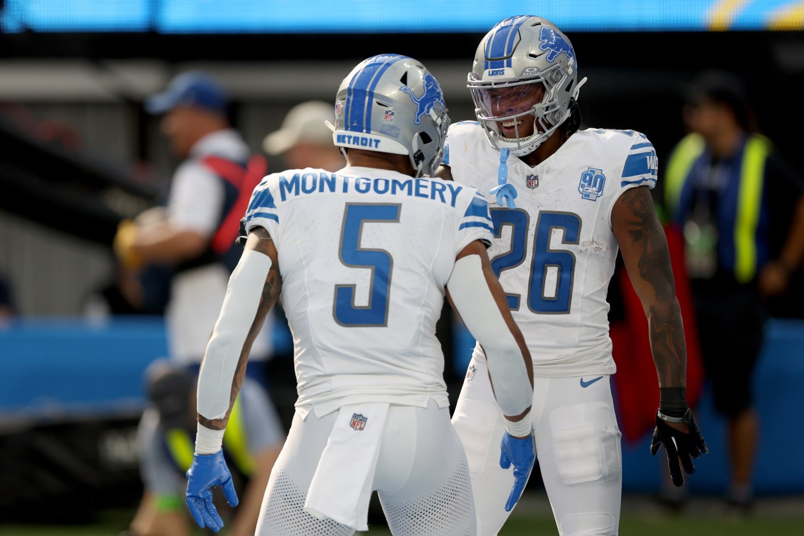 INGLEWOOD, CALIFORNIA - NOVEMBER 12: Jahmyr Gibbs #26 of the Detroit Lions celebrates a touchdown with David Montgomery #5 of the Detroit Lions during the first quarter against the Los Angeles Chargers at SoFi Stadium on November 12, 2023 in Inglewood, California. (Photo by Harry How/Getty Images) INGLEWOOD, CALIFORNIA - NOVEMBER 12: Jahmyr Gibbs #26 of the Detroit Lions celebrates a touchdown with David Montgomery #5 of the Detroit Lions during the first quarter against the Los Angeles Chargers at SoFi Stadium on November 12, 2023 in Inglewood, California. (Photo by Harry How/Getty Images)