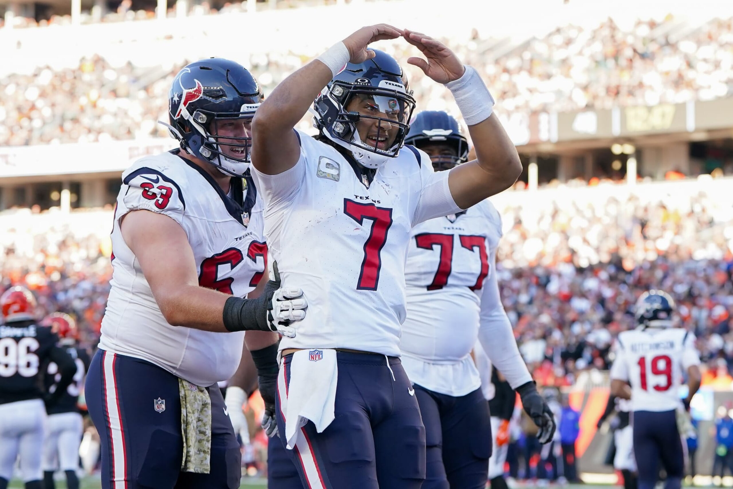 CINCINNATI, OHIO - NOVEMBER 12: C.J. Stroud #7 of the Houston Texans celebrates after scoring a touchdown in the fourth quarter against the Cincinnati Bengals at Paycor Stadium on November 12, 2023 in Cincinnati, Ohio. (Photo by Dylan Buell/Getty Images) CINCINNATI, OHIO - NOVEMBER 12: C.J. Stroud #7 of the Houston Texans celebrates after scoring a touchdown in the fourth quarter against the Cincinnati Bengals at Paycor Stadium on November 12, 2023 in Cincinnati, Ohio. (Photo by Dylan Buell/Getty Images)