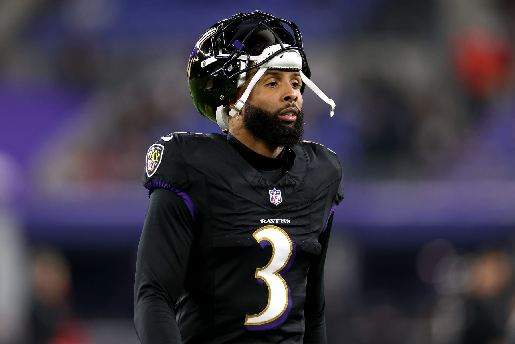 BALTIMORE, MARYLAND - NOVEMBER 16: Odell Beckham Jr. #3 of the Baltimore Ravens looks on prior to the game against the Cincinnati Bengals at M&T Bank Stadium on November 16, 2023 in Baltimore, Maryland. (Photo by Patrick Smith/Getty Images)