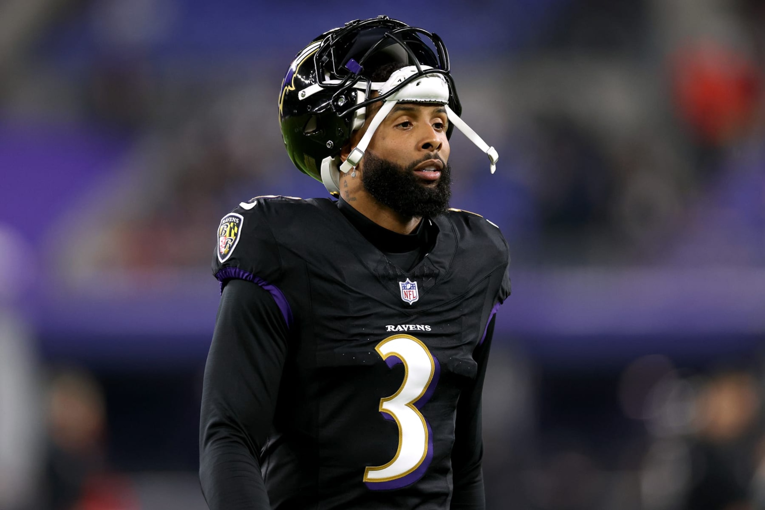 BALTIMORE, MARYLAND - NOVEMBER 16: Odell Beckham Jr. #3 of the Baltimore Ravens looks on prior to the game against the Cincinnati Bengals at M&T Bank Stadium on November 16, 2023 in Baltimore, Maryland. (Photo by Patrick Smith/Getty Images) BALTIMORE, MARYLAND - NOVEMBER 16: Odell Beckham Jr. #3 of the Baltimore Ravens looks on prior to the game against the Cincinnati Bengals at M&T Bank Stadium on November 16, 2023 in Baltimore, Maryland. (Photo by Patrick Smith/Getty Images)