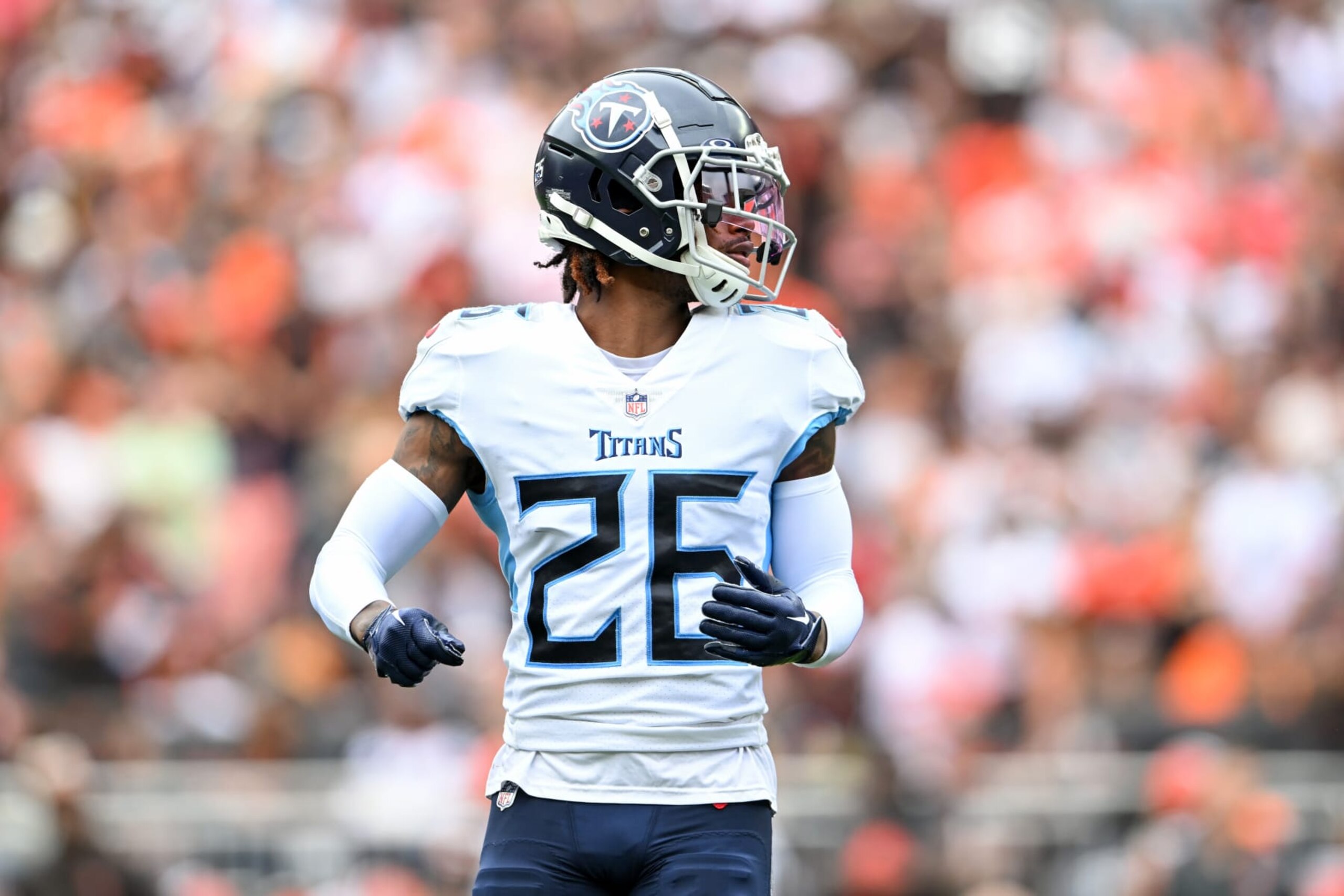 CLEVELAND, OHIO - SEPTEMBER 24: Kristian Fulton #26 of the Tennessee Titans looks on during the first half against the Cleveland Browns at Cleveland Browns Stadium on September 24, 2023 in Cleveland, Ohio. (Photo by Nick Cammett/Diamond Images via Getty Images)