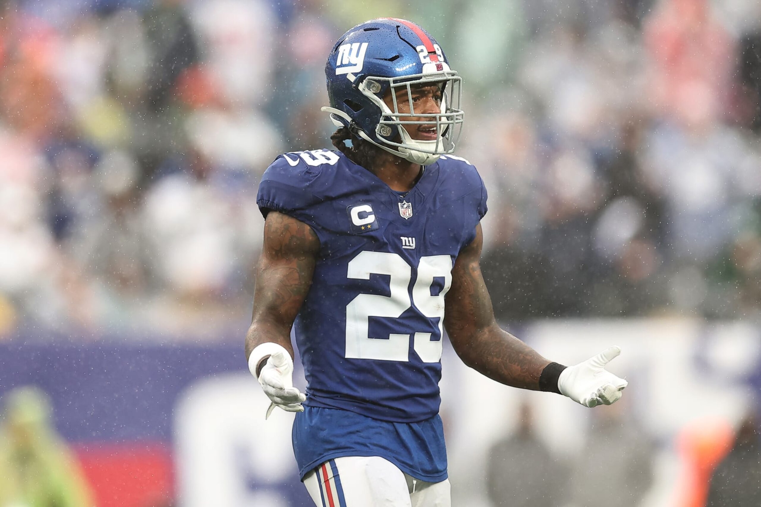 EAST RUTHERFORD, NEW JERSEY - OCTOBER 29: Xavier McKinney #29 of the New York Giants reacts after a penalty during the third quarter against the New York Jets at MetLife Stadium on October 29, 2023 in East Rutherford, New Jersey. (Photo by Dustin Satloff/Getty Images)
