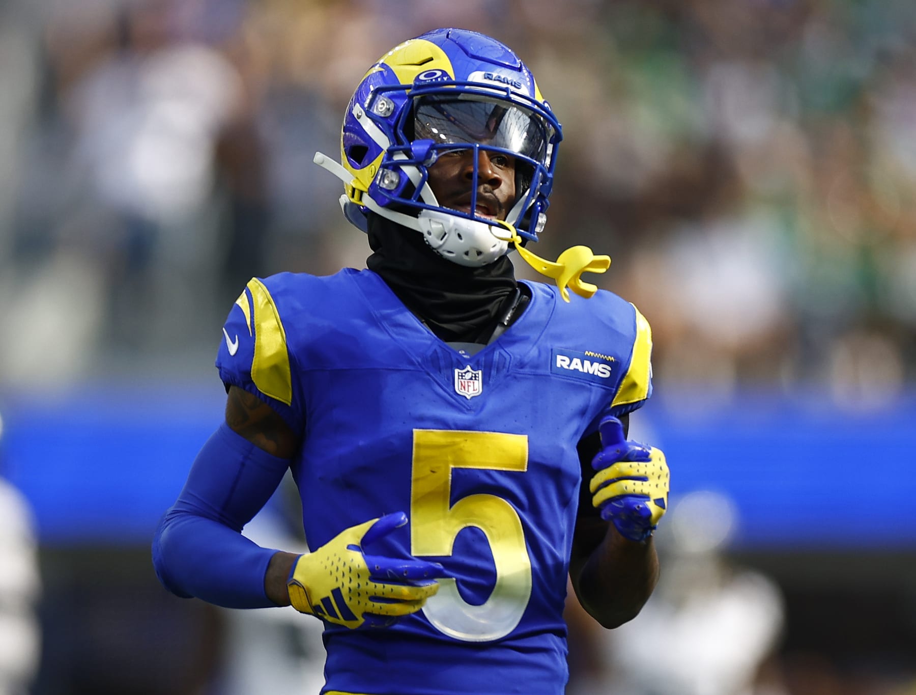 INGLEWOOD, CALIFORNIA - OCTOBER 08:   Tutu Atwell #5 of the Los Angeles Rams at SoFi Stadium on October 08, 2023 in Inglewood, California. (Photo by Ronald Martinez/Getty Images)