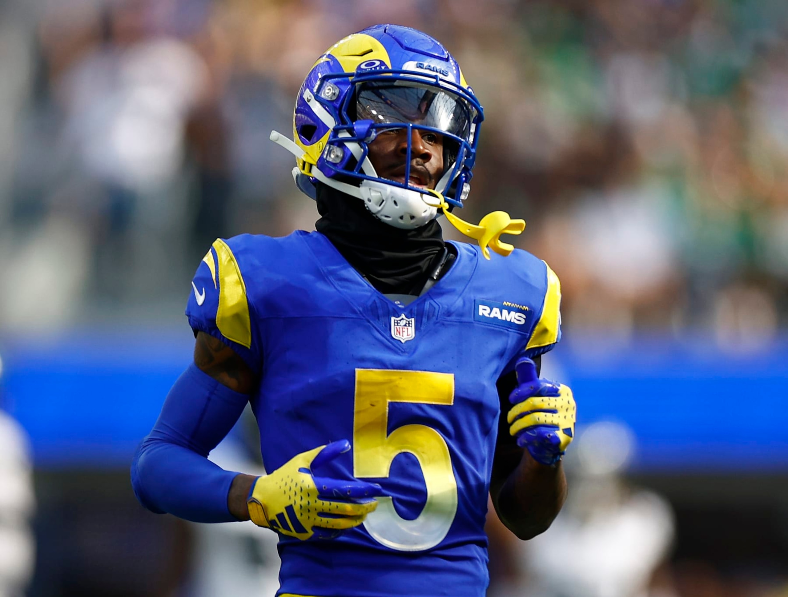 INGLEWOOD, CALIFORNIA - OCTOBER 08:   Tutu Atwell #5 of the Los Angeles Rams at SoFi Stadium on October 08, 2023 in Inglewood, California. (Photo by Ronald Martinez/Getty Images)