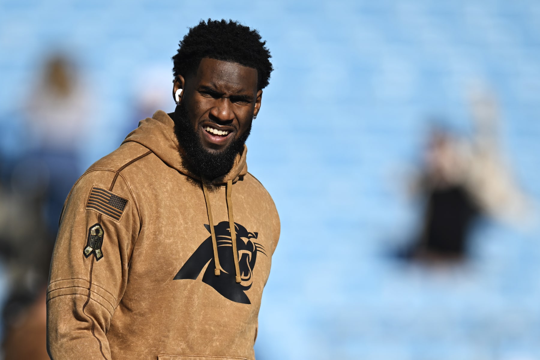 CHARLOTTE, NORTH CAROLINA - NOVEMBER 05: Brian Burns #0 of the Carolina Panthers stands on the field during warm ups before their game against the Indianapolis Colts at Bank of America Stadium on November 05, 2023 in Charlotte, North Carolina. (Photo by Eakin Howard/Getty Images)