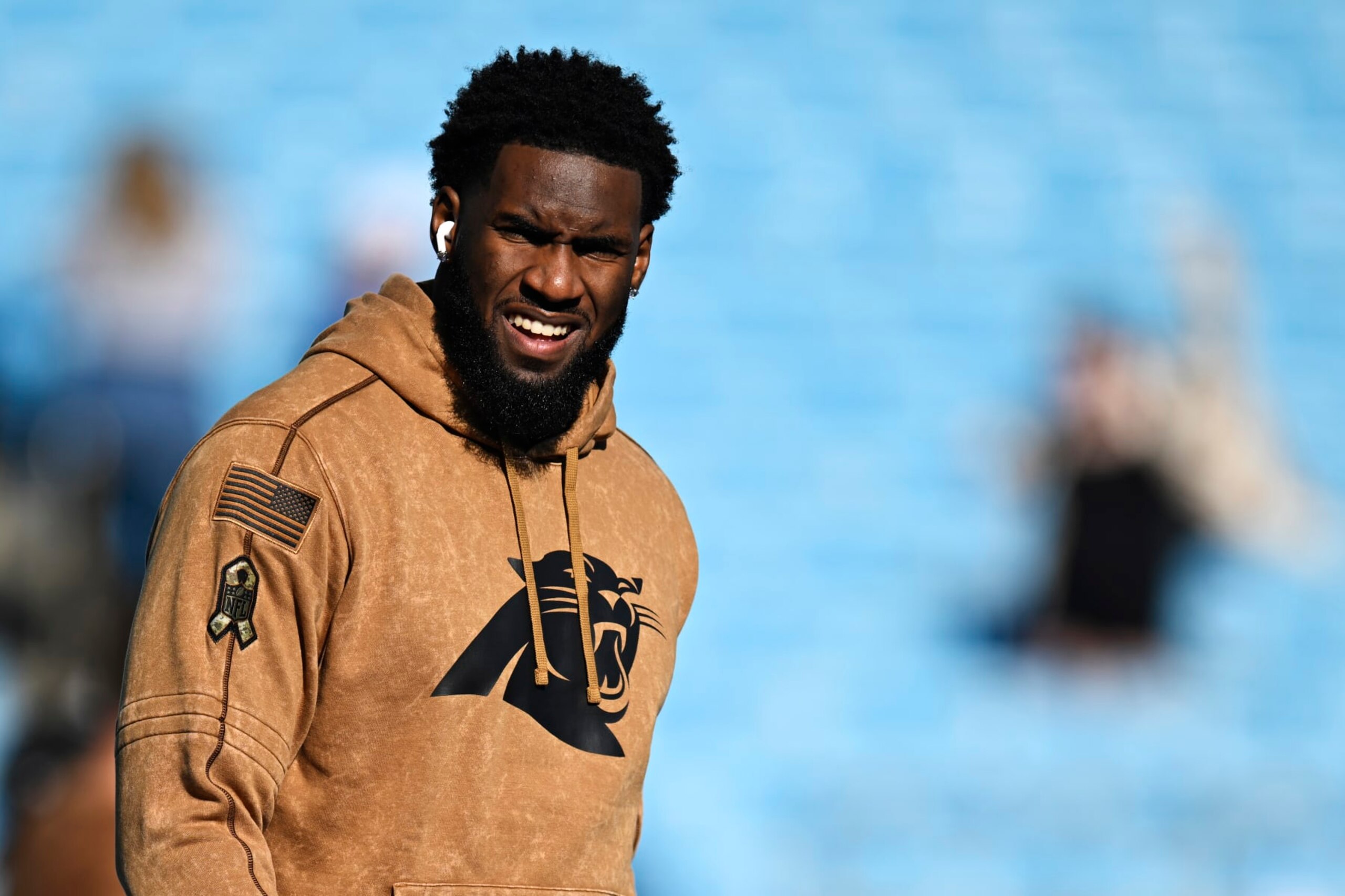 CHARLOTTE, NORTH CAROLINA - NOVEMBER 05: Brian Burns #0 of the Carolina Panthers stands on the field during warm ups before their game against the Indianapolis Colts at Bank of America Stadium on November 05, 2023 in Charlotte, North Carolina. (Photo by Eakin Howard/Getty Images)