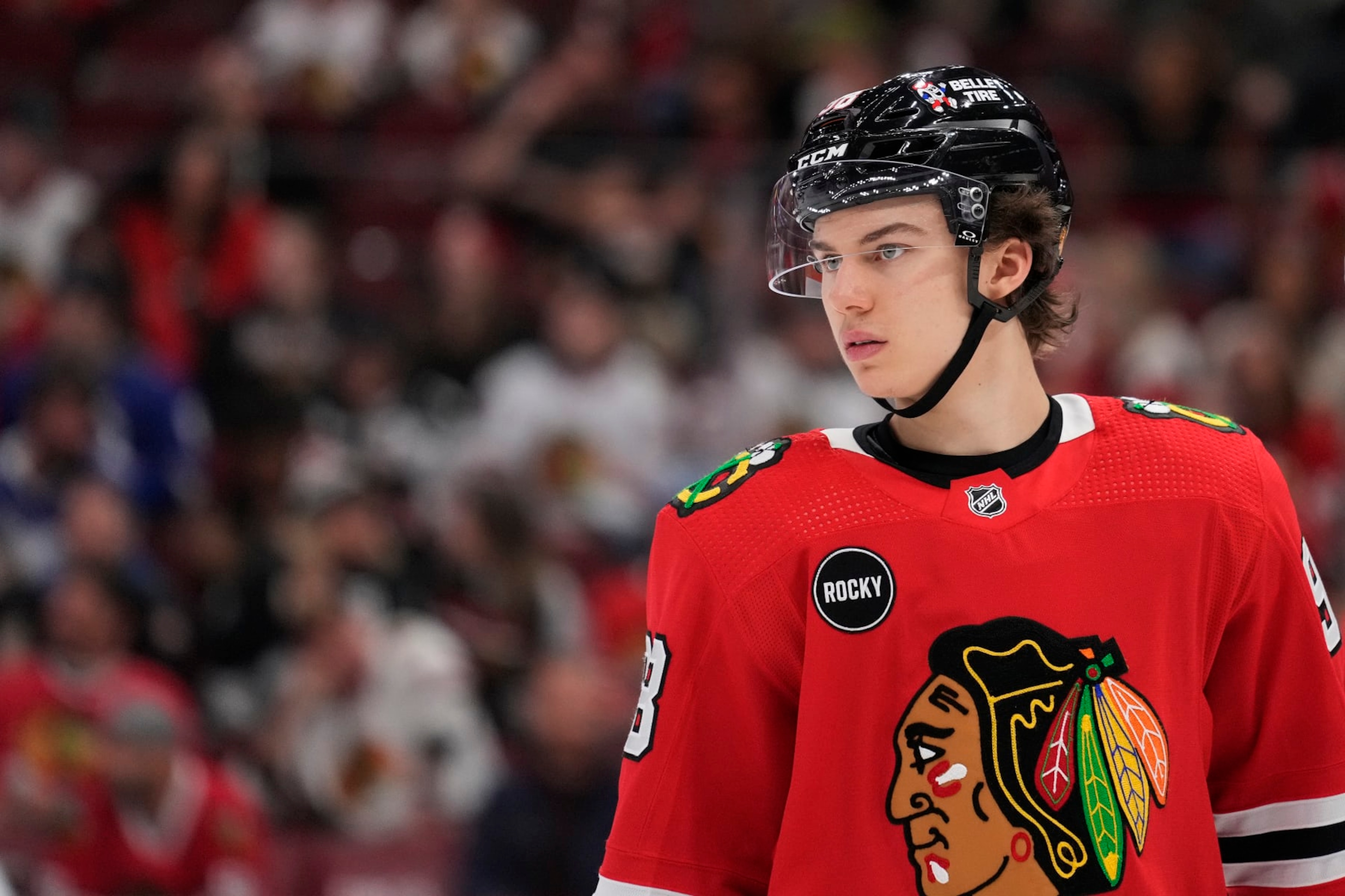 CHICAGO, ILLINOIS - NOVEMBER 16: Connor Bedard #98 of the Chicago Blackhawks looks on against the Tampa Bay Lightning during the third period at the United Center on November 16, 2023 in Chicago, Illinois. (Photo by Patrick McDermott/Getty Images) CHICAGO, ILLINOIS - NOVEMBER 16: Connor Bedard #98 of the Chicago Blackhawks looks on against the Tampa Bay Lightning during the third period at the United Center on November 16, 2023 in Chicago, Illinois. (Photo by Patrick McDermott/Getty Images)