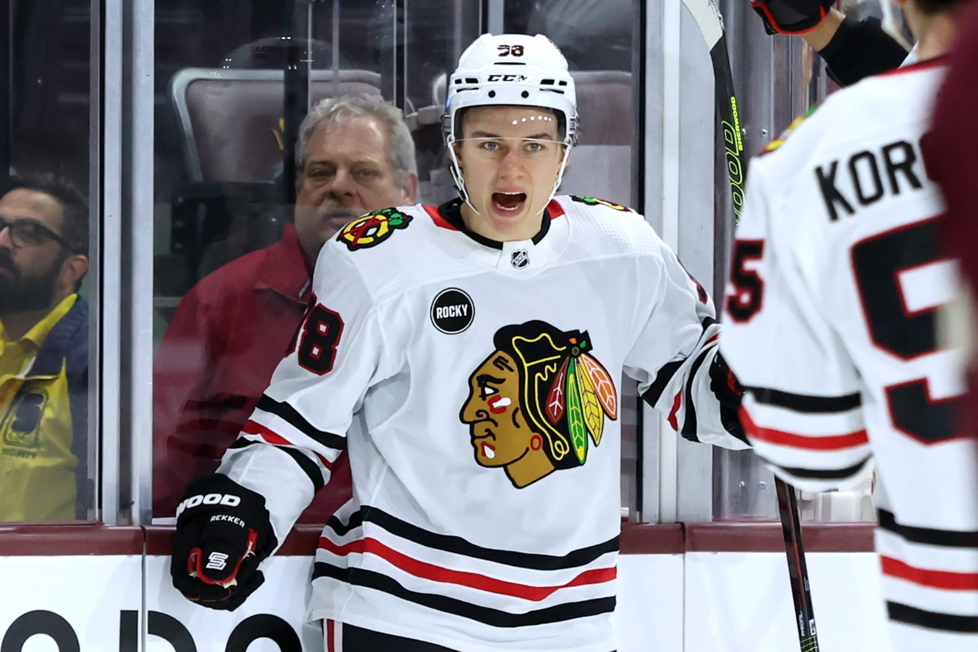 TEMPE, ARIZONA - OCTOBER 30: Connor Bedard #98 of the Chicago Blackhawks celebrates a goal at Mullett Arena on October 30, 2023 in Tempe, Arizona. (Photo by Zac BonDurant/Getty Images) TEMPE, ARIZONA - OCTOBER 30: Connor Bedard #98 of the Chicago Blackhawks celebrates a goal at Mullett Arena on October 30, 2023 in Tempe, Arizona. (Photo by Zac BonDurant/Getty Images)