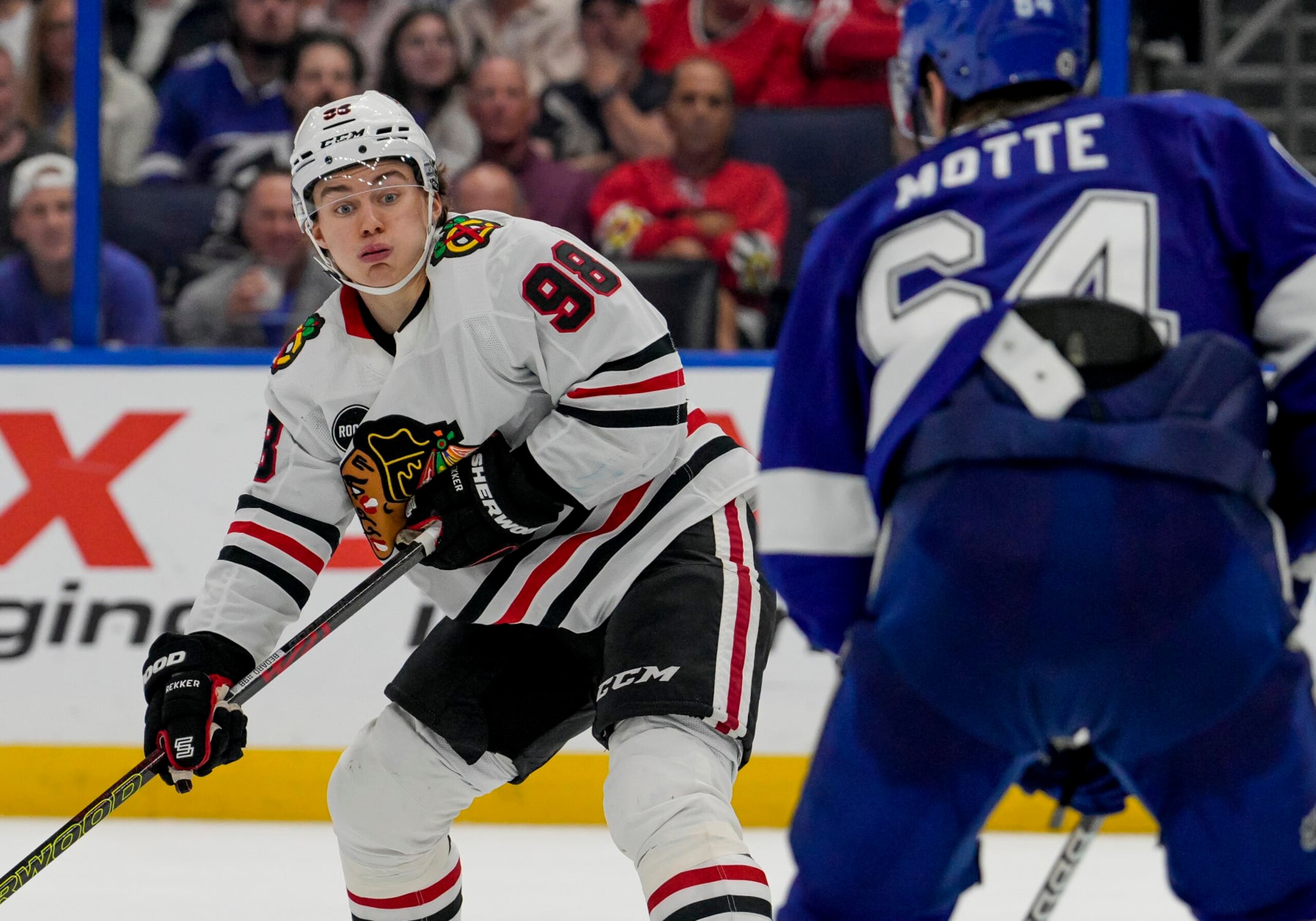 TAMPA, FL - NOVEMBER 09: Chicago Blackhawks center Connor Bedard (98)shoots the puck during the NHL Hockey match between the Tampa Bay Lightning and Chicago Blackhawks on November 9th, 2023 at Amalie Arena in Tampa, FL. (Photo by Andrew Bershaw/Icon Sportswire via Getty Images)