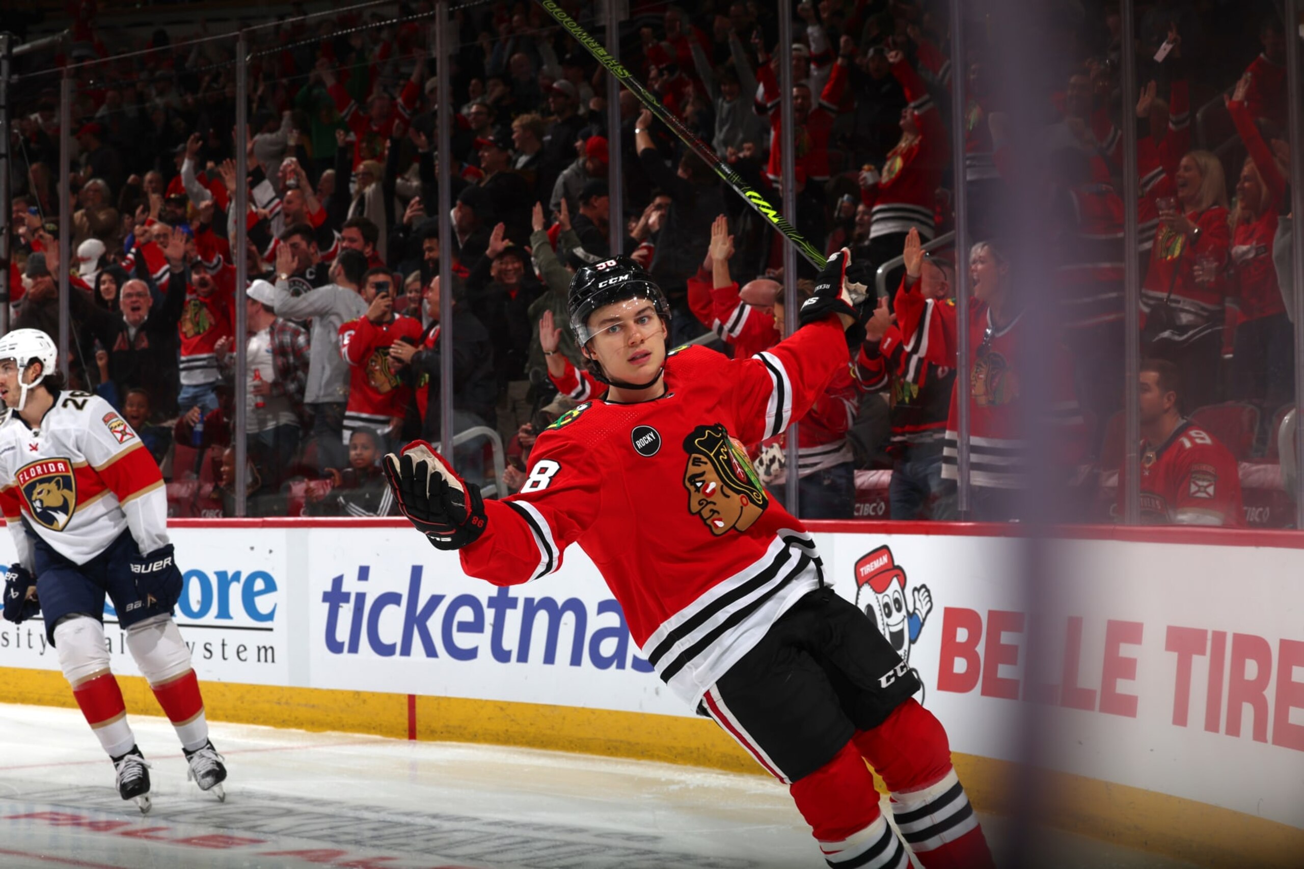 CHICAGO, ILLINOIS - NOVEMBER 04: Connor Bedard #98 of the Chicago Blackhawks skates off after scoring during the second period against the Florida Panthers at the United Center on November 04, 2023 in Chicago, Illinois. (Photo by Chase Agnello-Dean/NHLI via Getty Images)