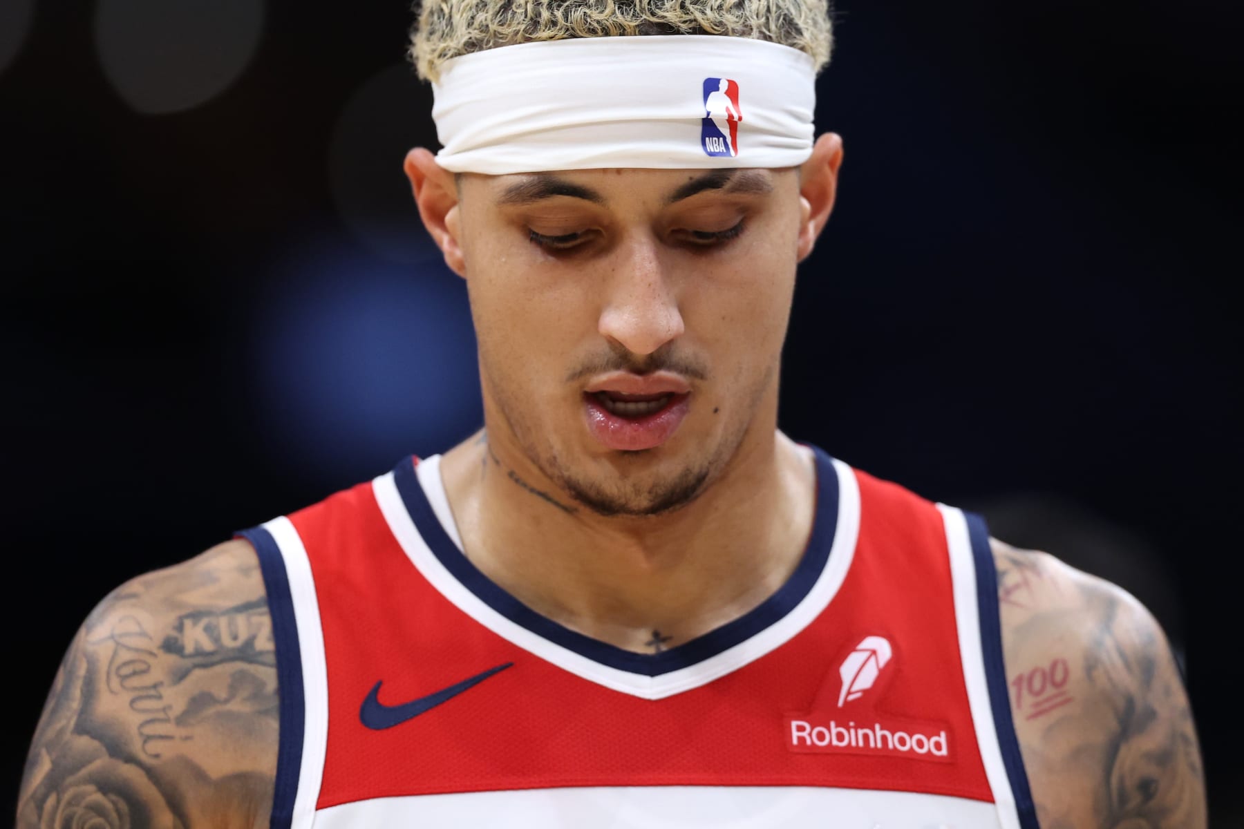 WASHINGTON, DC - NOVEMBER 15: Kyle Kuzma #33 of the Washington Wizards reacts against the Dallas Mavericks during the first half at Capital One Arena on November 15, 2023 in Washington, DC. NOTE TO USER: User expressly acknowledges and agrees that, by downloading and or using this photograph, User is consenting to the terms and conditions of the Getty Images License Agreement. (Photo by Patrick Smith/Getty Images)