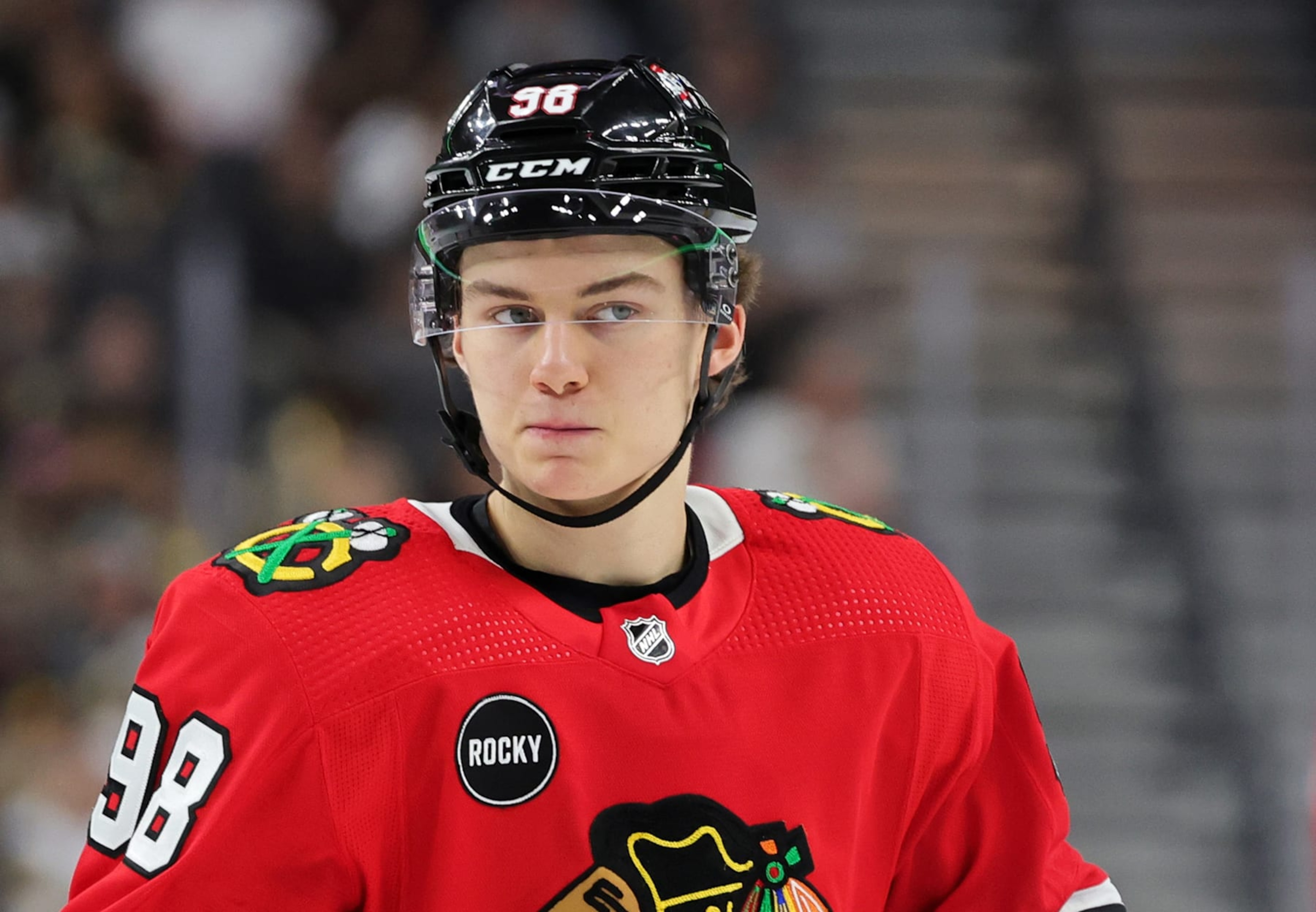 LAS VEGAS, NEVADA - OCTOBER 27: Connor Bedard #98 of the Chicago Blackhawks takes a break during a stop in play in the third period of a game against the Vegas Golden Knights at T-Mobile Arena on October 27, 2023 in Las Vegas, Nevada. The Blackhawks defeated the Golden Knights 4-3 in overtime. (Photo by Ethan Miller/Getty Images) LAS VEGAS, NEVADA - OCTOBER 27: Connor Bedard #98 of the Chicago Blackhawks takes a break during a stop in play in the third period of a game against the Vegas Golden Knights at T-Mobile Arena on October 27, 2023 in Las Vegas, Nevada. The Blackhawks defeated the Golden Knights 4-3 in overtime. (Photo by Ethan Miller/Getty Images)