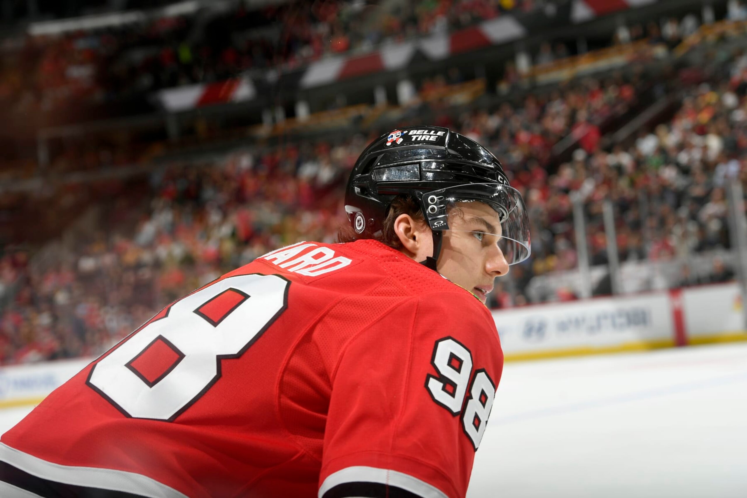 CHICAGO, ILLINOIS - OCTOBER 24: Connor Bedard #98 of the Chicago Blackhawks looks on in the first period against the Boston Bruins at the United Center on October 24, 2023 in Chicago, Illinois. (Photo by Bill Smith/NHLI via Getty Images)