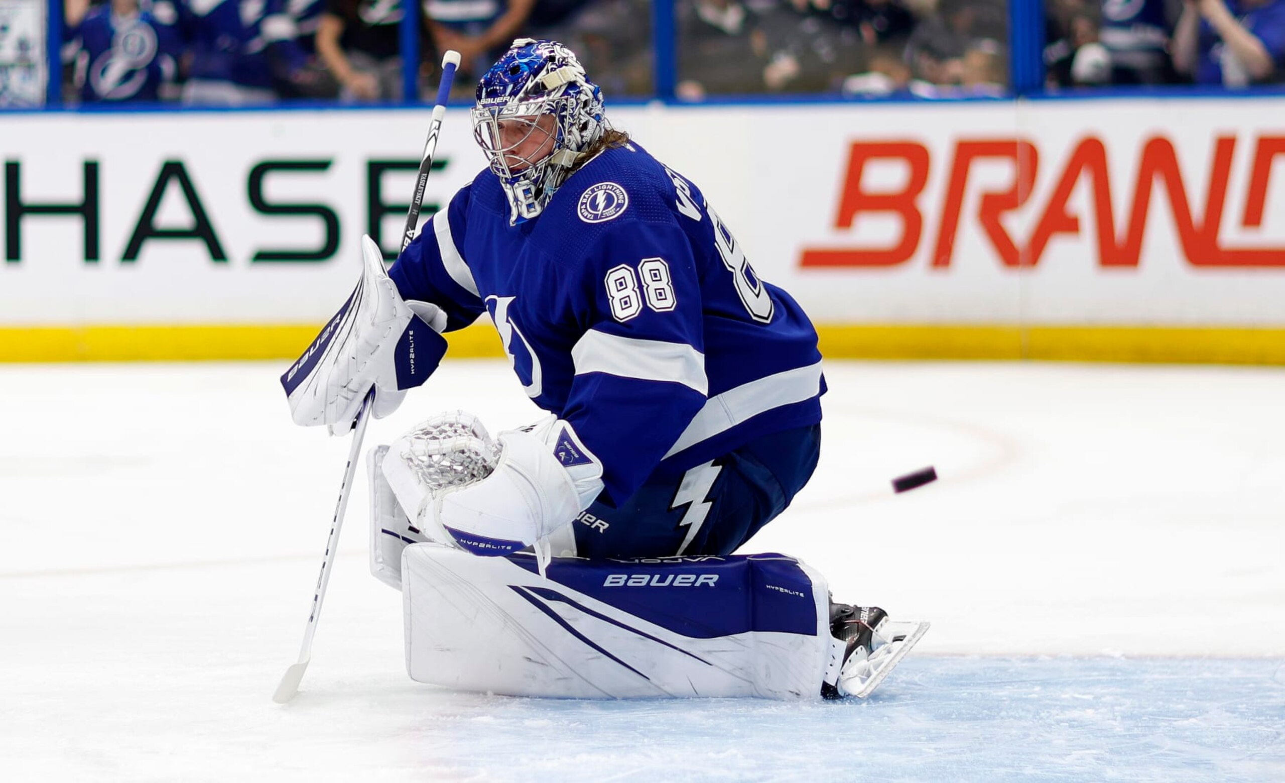 TAMPA, FLORIDA - APRIL 29: Andrei Vasilevskiy #88 of the Tampa Bay Lightning warms up during Game Six of the First Round of the 2023 Stanley Cup Playoffs against the Toronto Maple Leafs at Amalie Arena on April 29, 2023 in Tampa, Florida. (Photo by Mike Ehrmann/Getty Images) TAMPA, FLORIDA - APRIL 29: Andrei Vasilevskiy #88 of the Tampa Bay Lightning warms up during Game Six of the First Round of the 2023 Stanley Cup Playoffs against the Toronto Maple Leafs at Amalie Arena on April 29, 2023 in Tampa, Florida. (Photo by Mike Ehrmann/Getty Images)