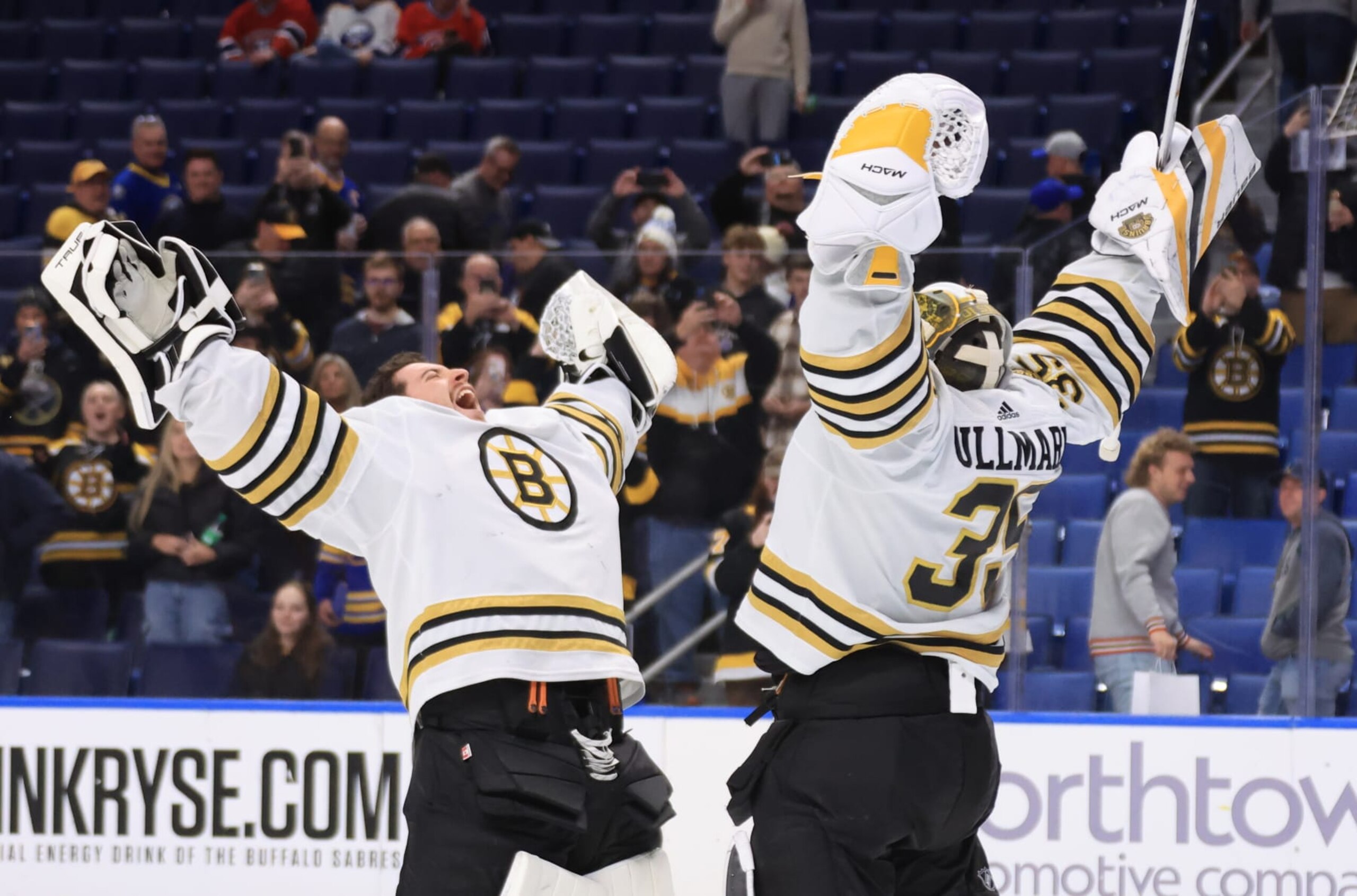 BUFFALO, NEW YORK - NOVEMBER 14: Jeremy Swayman #1 of the Boston Bruins congratulates Linus Ullmark #35 following their 5-2 victory against the Buffalo Sabres in an NHL game on November 14, 2023 at KeyBank Center in Buffalo, New York. (Photo by Bill Wippert/NHLI via Getty Images) BUFFALO, NEW YORK - NOVEMBER 14: Jeremy Swayman #1 of the Boston Bruins congratulates Linus Ullmark #35 following their 5-2 victory against the Buffalo Sabres in an NHL game on November 14, 2023 at KeyBank Center in Buffalo, New York. (Photo by Bill Wippert/NHLI via Getty Images)