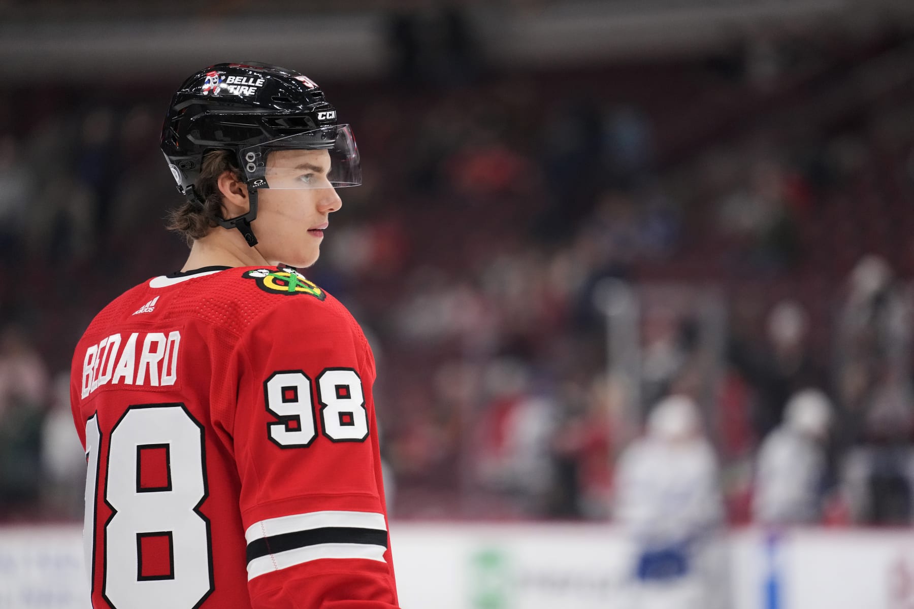 CHICAGO, ILLINOIS - NOVEMBER 16: Connor Bedard #98 of the Chicago Blackhawks warms up before a game against the Tampa Bay Lightning at the United Center on November 16, 2023 in Chicago, Illinois. (Photo by Patrick McDermott/Getty Images)