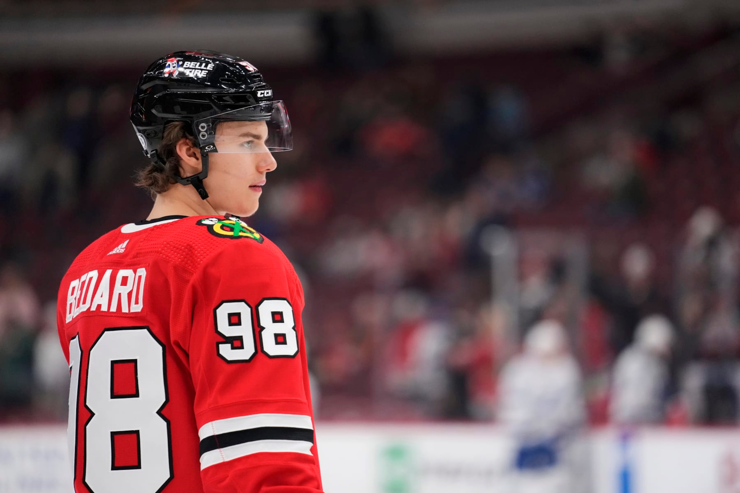 CHICAGO, ILLINOIS - NOVEMBER 16: Connor Bedard #98 of the Chicago Blackhawks warms up before a game against the Tampa Bay Lightning at the United Center on November 16, 2023 in Chicago, Illinois. (Photo by Patrick McDermott/Getty Images) CHICAGO, ILLINOIS - NOVEMBER 16: Connor Bedard #98 of the Chicago Blackhawks warms up before a game against the Tampa Bay Lightning at the United Center on November 16, 2023 in Chicago, Illinois. (Photo by Patrick McDermott/Getty Images)