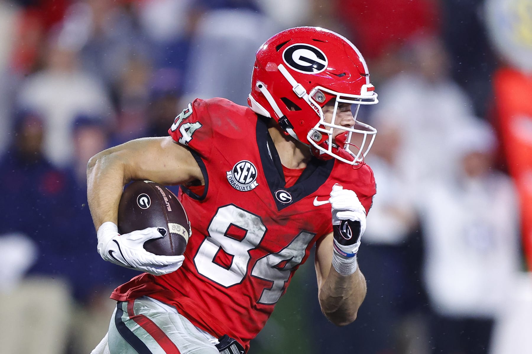 ATHENS, GEORGIA - NOVEMBER 11: Ladd McConkey #84 of the Georgia Bulldogs turns upfield during the second half against the Mississippi Rebels at Sanford Stadium on November 11, 2023 in Athens, Georgia. (Photo by Todd Kirkland/Getty Images)