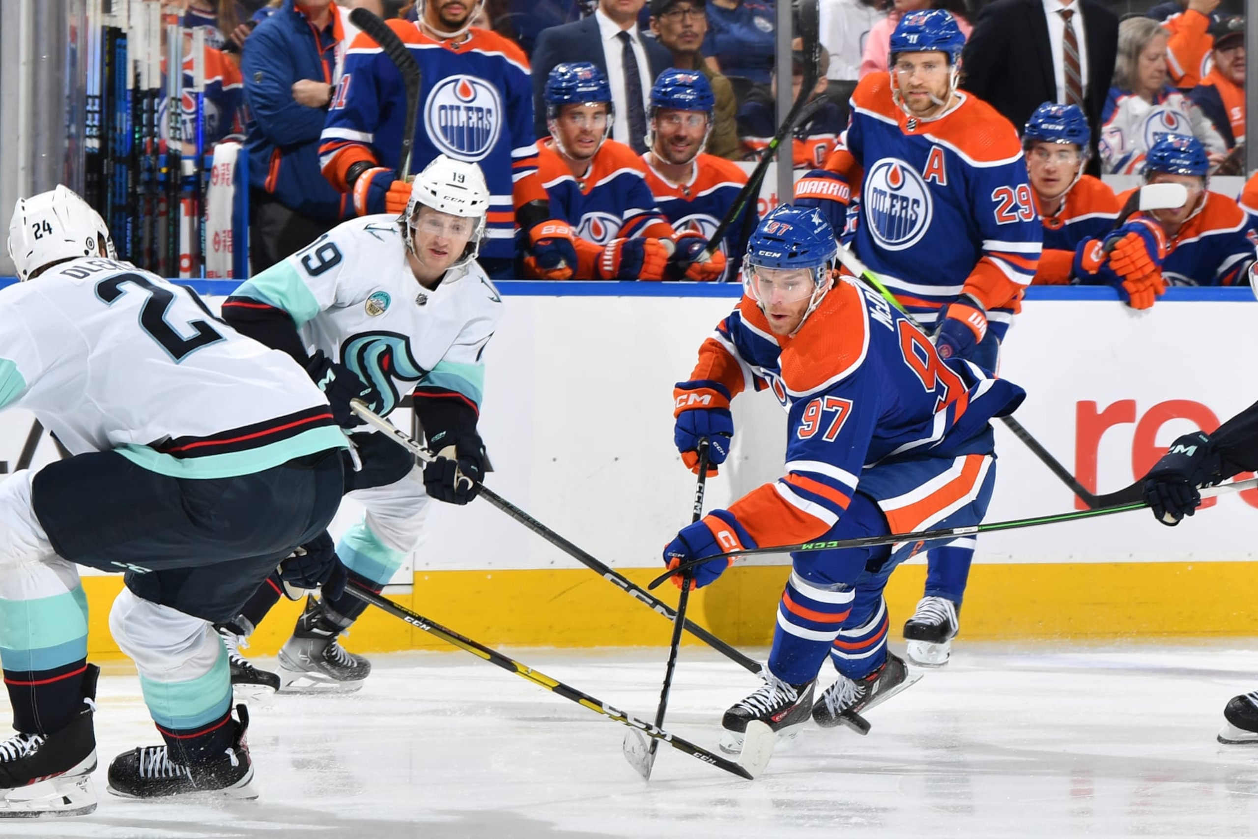 EDMONTON, CANADA - NOVEMBER 15: Connor McDavid #97 of the Edmonton Oilers skates during the game against the Seattle Kraken at Rogers Place on November 15, 2023, in Edmonton, Alberta, Canada. (Photo by Andy Devlin/NHLI via Getty Images) EDMONTON, CANADA - NOVEMBER 15: Connor McDavid #97 of the Edmonton Oilers skates during the game against the Seattle Kraken at Rogers Place on November 15, 2023, in Edmonton, Alberta, Canada. (Photo by Andy Devlin/NHLI via Getty Images)