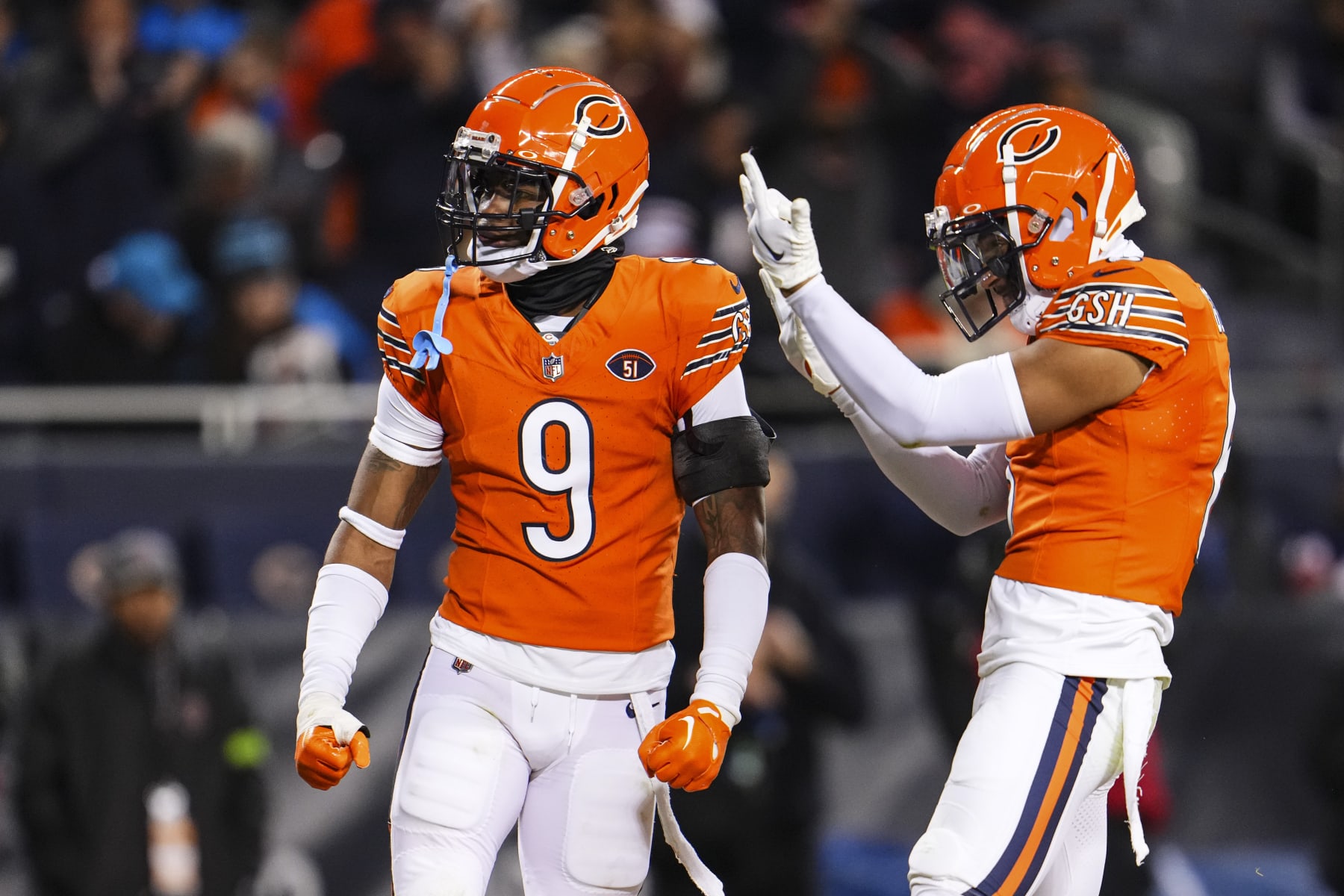 CHICAGO, IL - NOVEMBER 09: Jaquan Brisker #9 of the Chicago Bears celebrates during an NFL football game against the Carolina Panthers at Soldier Field on November 9, 2023 in Chicago, Illinois. (Photo by Cooper Neill/Getty Images)