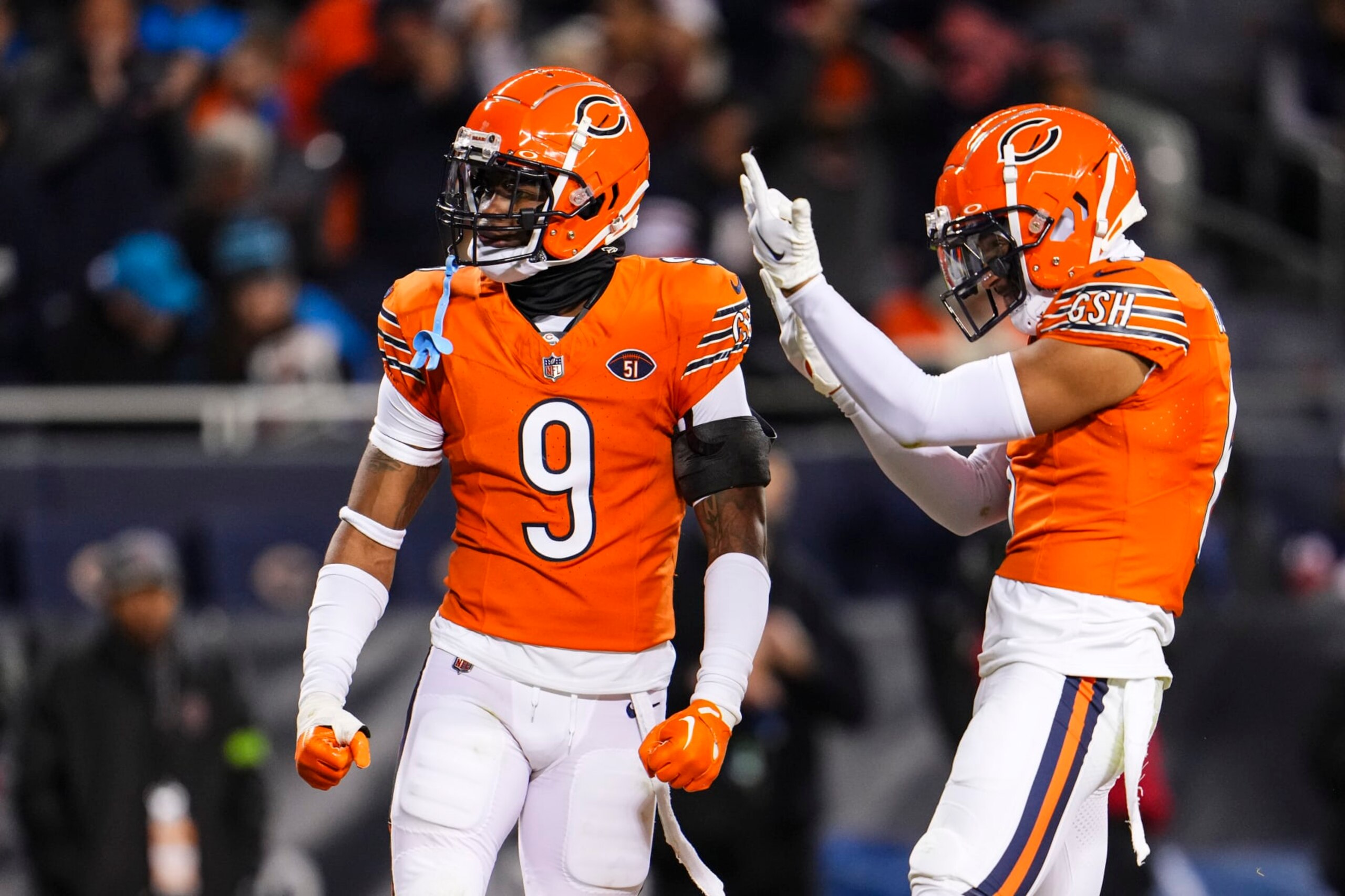 CHICAGO, IL - NOVEMBER 09: Jaquan Brisker #9 of the Chicago Bears celebrates during an NFL football game against the Carolina Panthers at Soldier Field on November 9, 2023 in Chicago, Illinois. (Photo by Cooper Neill/Getty Images)