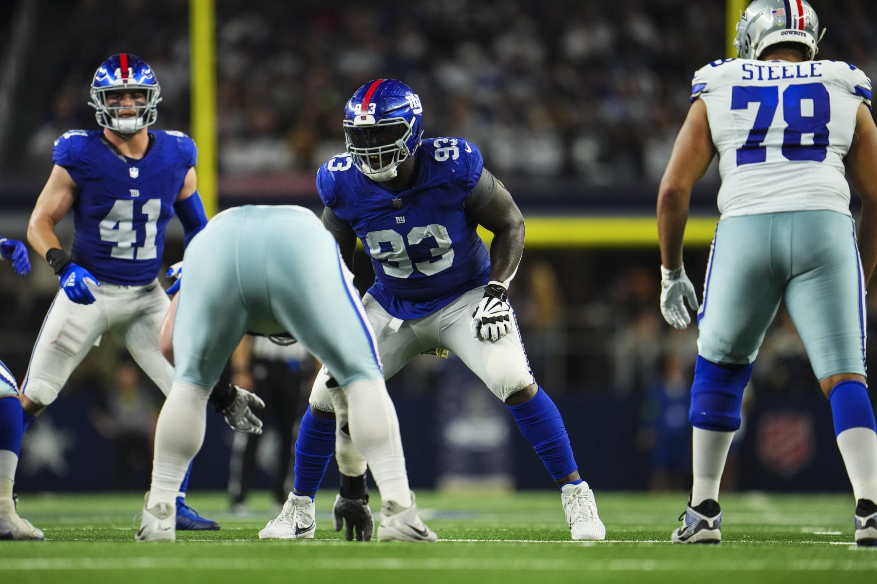 ARLINGTON, TX - NOVEMBER 12: Rakeem Nunez-Roches #93 of the New York Giants lines up during an NFL football game against the Dallas Cowboys at AT&T Stadium on November 12, 2023 in Arlington, Texas. (Photo by Cooper Neill/Getty Images)