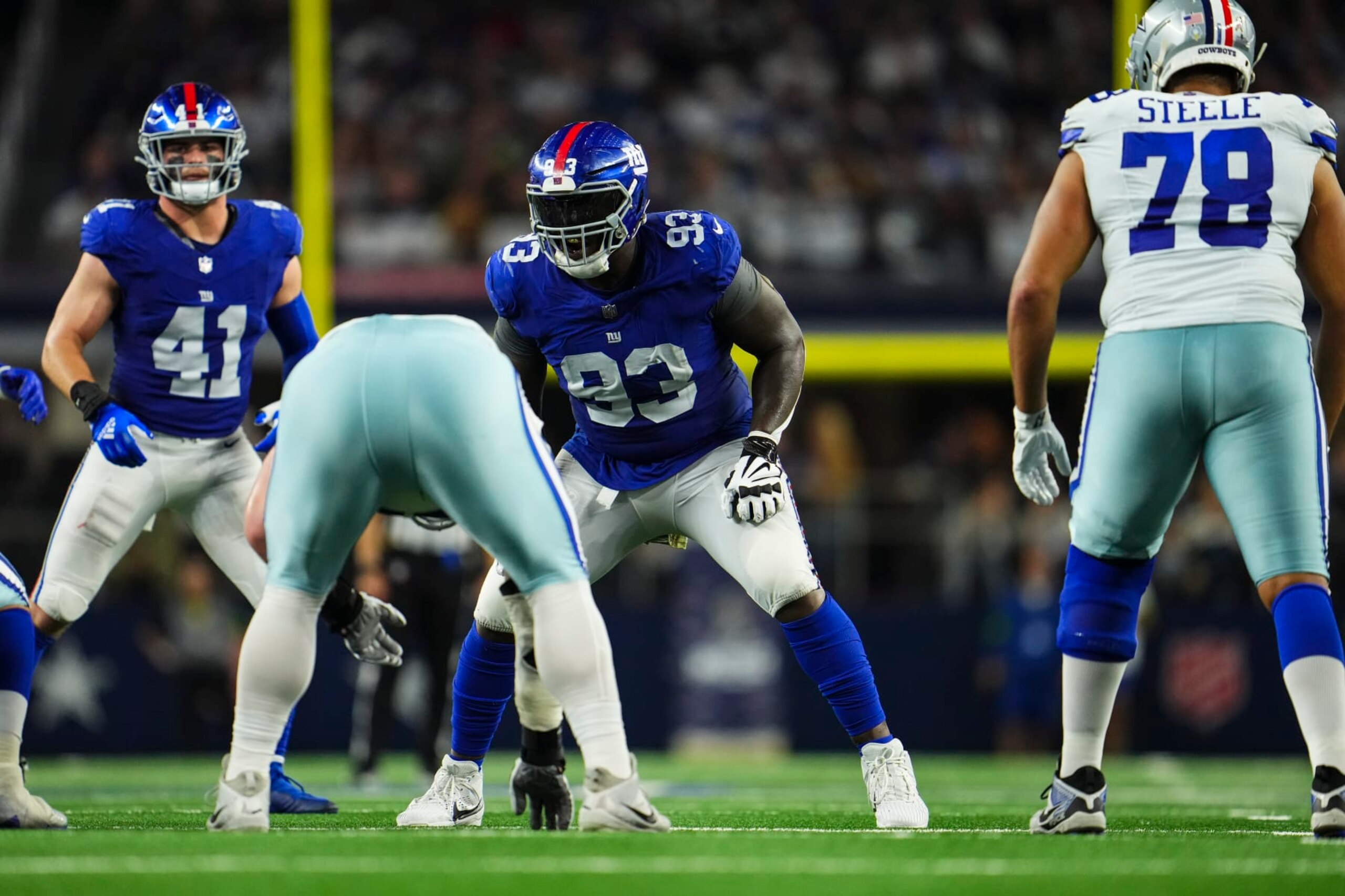 ARLINGTON, TX - NOVEMBER 12: Rakeem Nunez-Roches #93 of the New York Giants lines up during an NFL football game against the Dallas Cowboys at AT&T Stadium on November 12, 2023 in Arlington, Texas. (Photo by Cooper Neill/Getty Images)