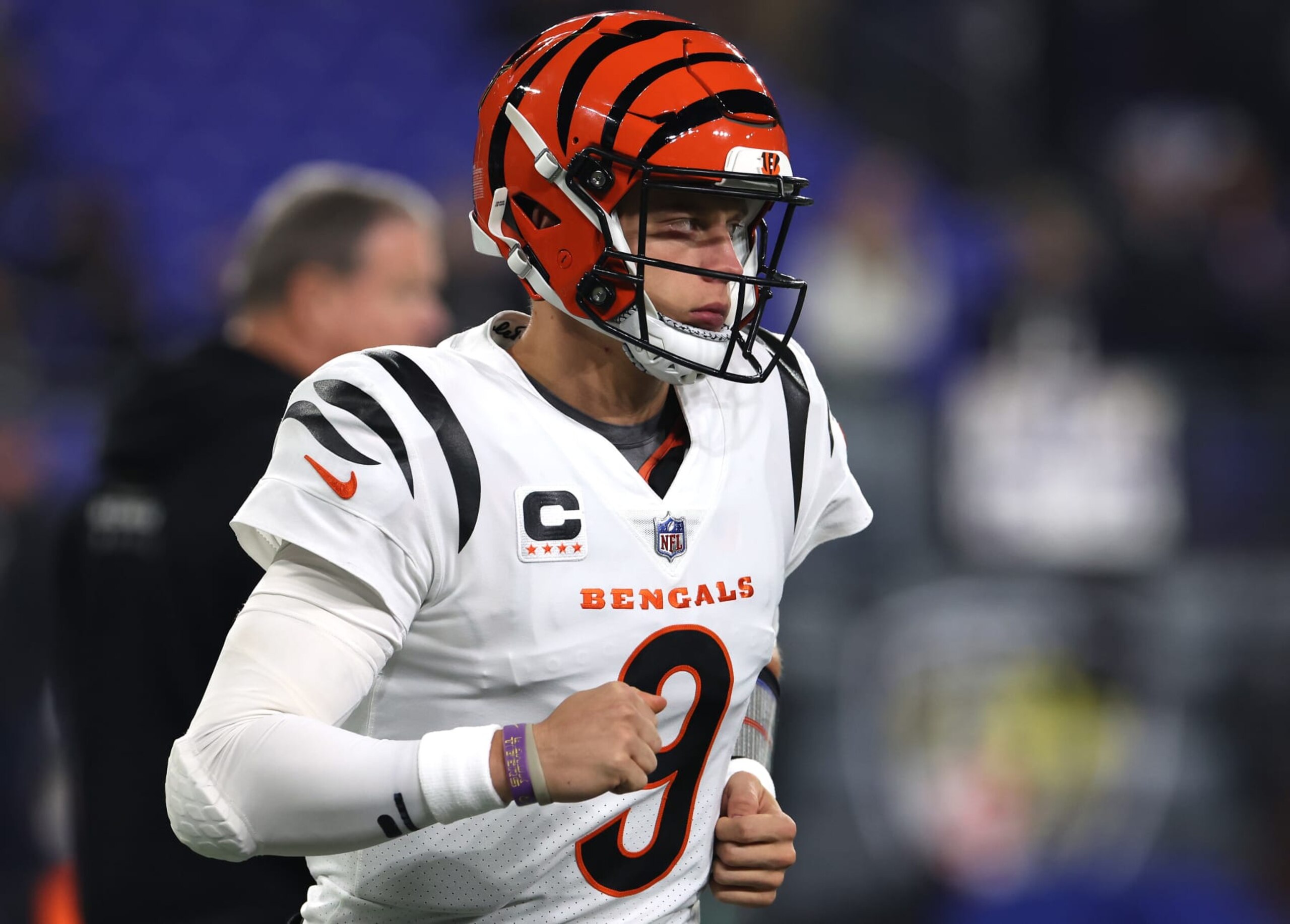 BALTIMORE, MARYLAND - NOVEMBER 16: Joe Burrow #9 of the Cincinnati Bengals takes the field prior to the game against the Baltimore Ravens at M&T Bank Stadium on November 16, 2023 in Baltimore, Maryland. (Photo by Rob Carr/Getty Images)