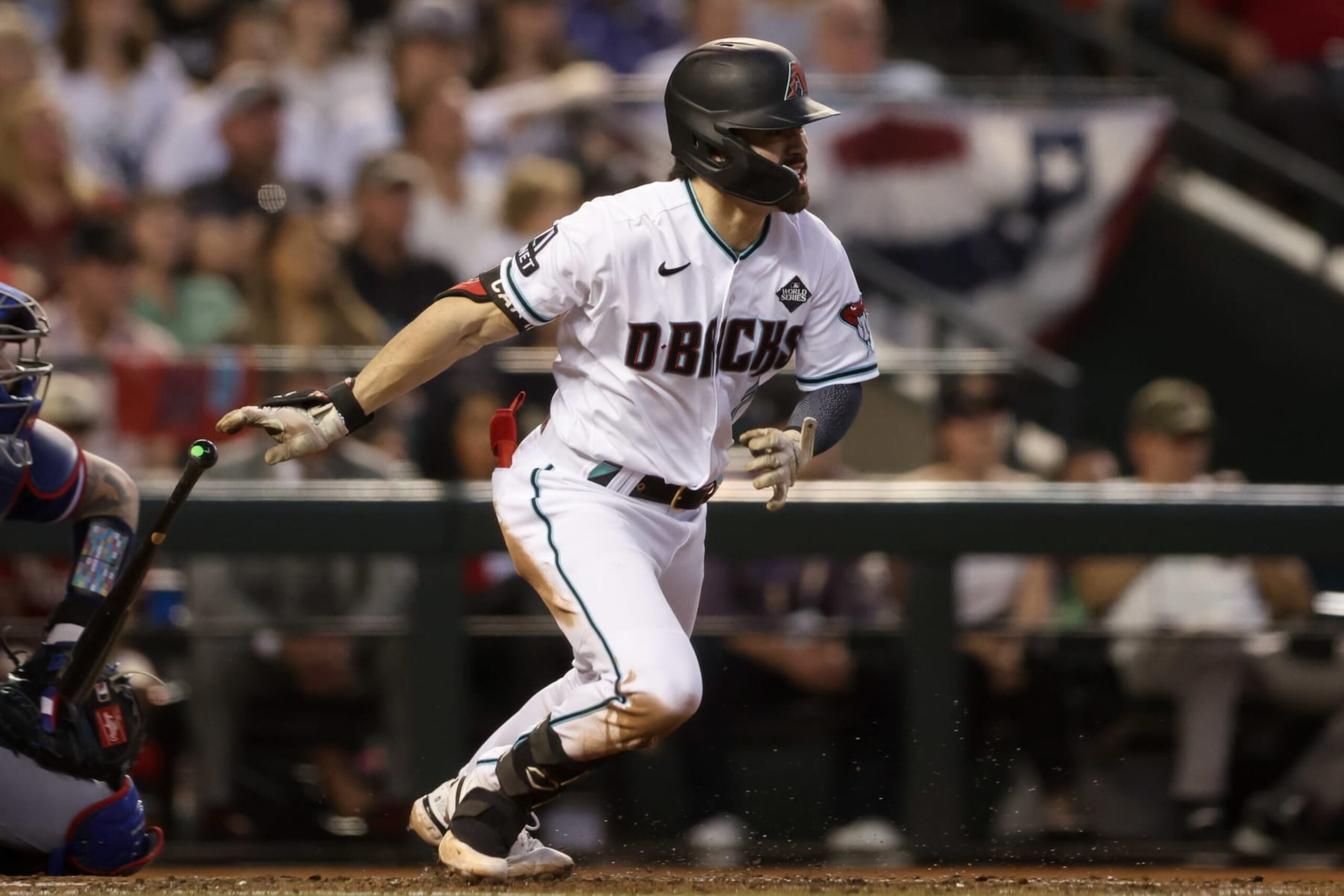 PHOENIX, AZ - NOVEMBER 01:   Corbin Carroll #7 of the Arizona Diamondbacks hits a single in the third inning during Game 5 of the 2023 World Series between the Texas Rangers and the Arizona Diamondbacks at Chase Field on Wednesday, November 1, 2023 in Phoenix, Arizona. (Photo by Rob Tringali/MLB Photos via Getty Images)