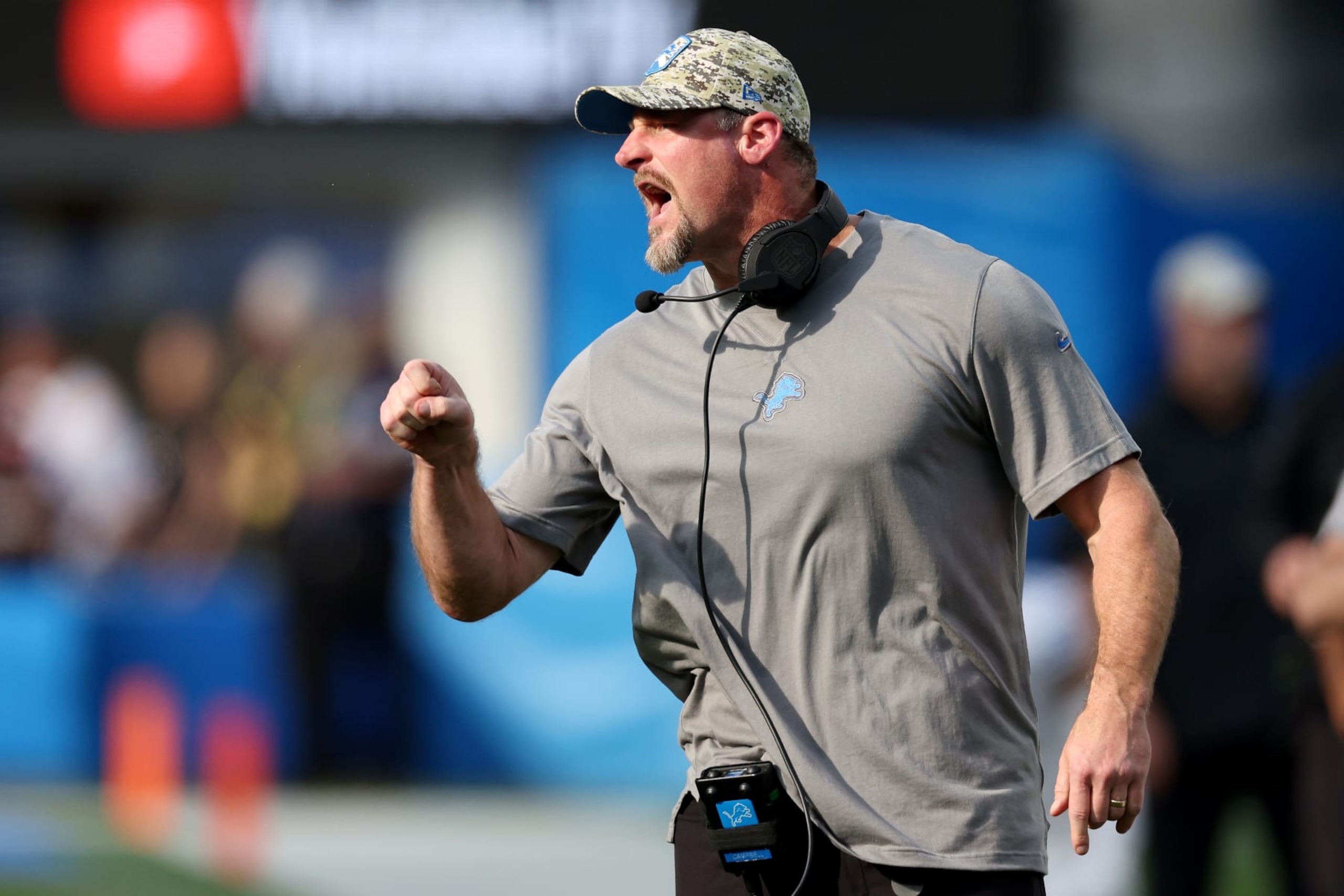 INGLEWOOD, CALIFORNIA - NOVEMBER 12: Detroit Lions head coach Dan Campbell celebrates a touchdown during the second quarter against the Los Angeles Chargers at SoFi Stadium on November 12, 2023 in Inglewood, California. (Photo by Harry How/Getty Images) INGLEWOOD, CALIFORNIA - NOVEMBER 12: Detroit Lions head coach Dan Campbell celebrates a touchdown during the second quarter against the Los Angeles Chargers at SoFi Stadium on November 12, 2023 in Inglewood, California. (Photo by Harry How/Getty Images)