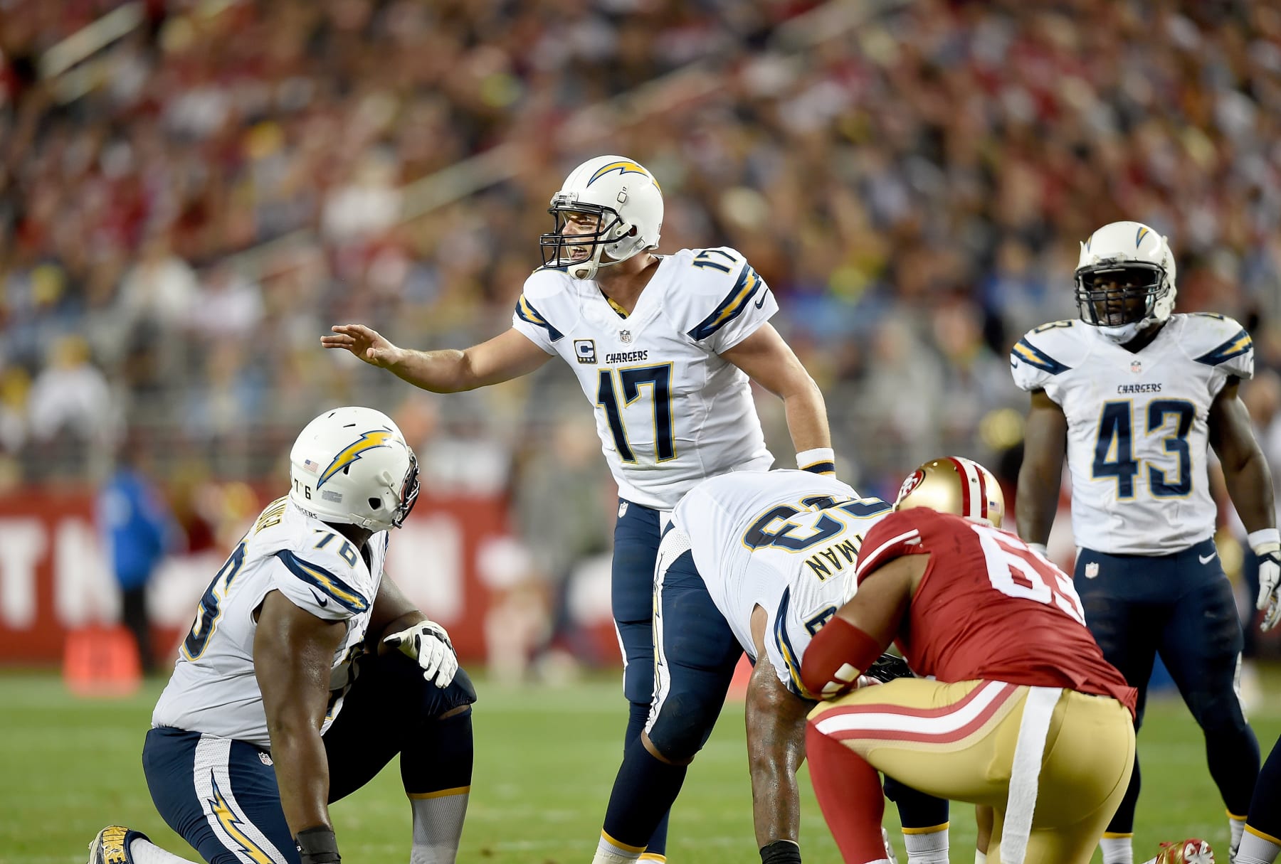 SANTA CLARA, CA - DECEMBER 20:  Philip Rivers #17 of the San Diego Chargers calls out signals at the line of scrimmage against the San Francisco 49ers at Levi's Stadium on December 20, 2014 in Santa Clara, California.  (Photo by Thearon W. Henderson/Getty Images)