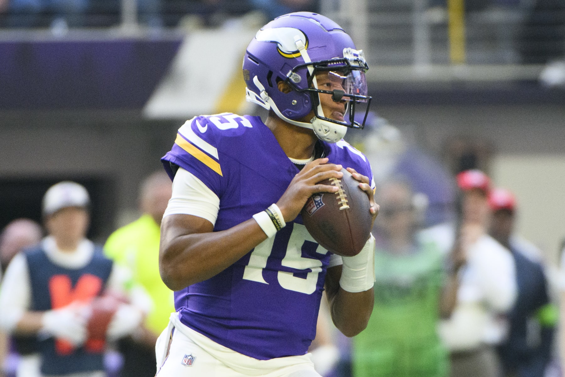 MINNEAPOLIS, MINNESOTA - NOVEMBER 12: Joshua Dobbs #15 of the Minnesota Vikings drops back with the ball in the first quarter of the game against the New Orleans Saints at U.S. Bank Stadium on November 12, 2023 in Minneapolis, Minnesota. (Photo by Stephen Maturen/Getty Images)