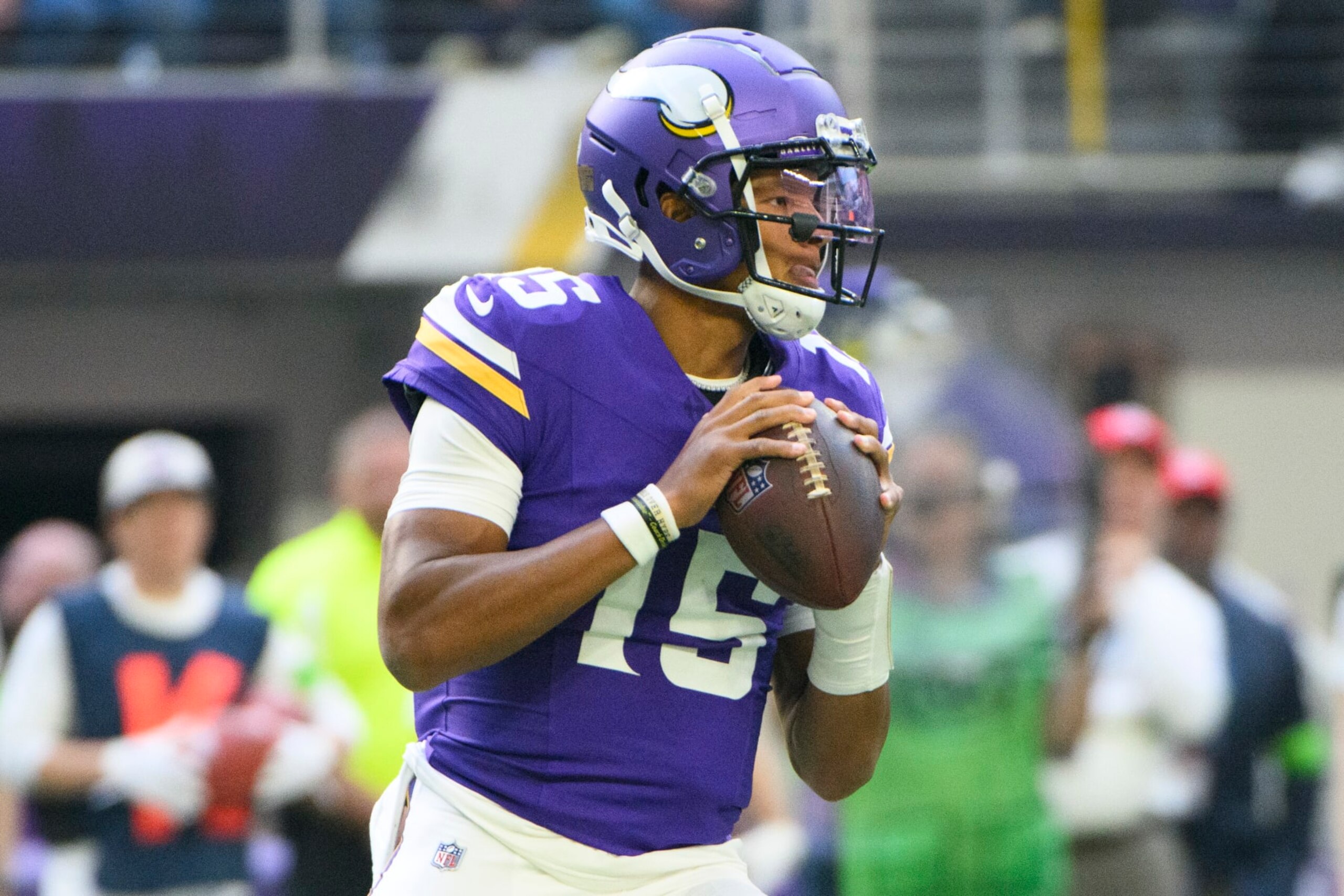 MINNEAPOLIS, MINNESOTA - NOVEMBER 12: Joshua Dobbs #15 of the Minnesota Vikings drops back with the ball in the first quarter of the game against the New Orleans Saints at U.S. Bank Stadium on November 12, 2023 in Minneapolis, Minnesota. (Photo by Stephen Maturen/Getty Images)