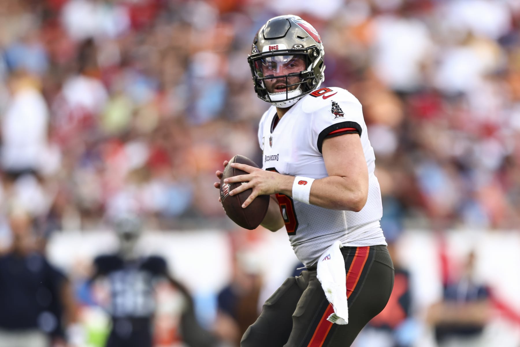 TAMPA, FL - NOVEMBER 12: Baker Mayfield #6 of the Tampa Bay Buccaneers drops back to pass during the second quarter of an NFL football game against the Tennessee Titans at Raymond James Stadium on November 12, 2023 in Tampa, Florida. (Photo by Kevin Sabitus/Getty Images)