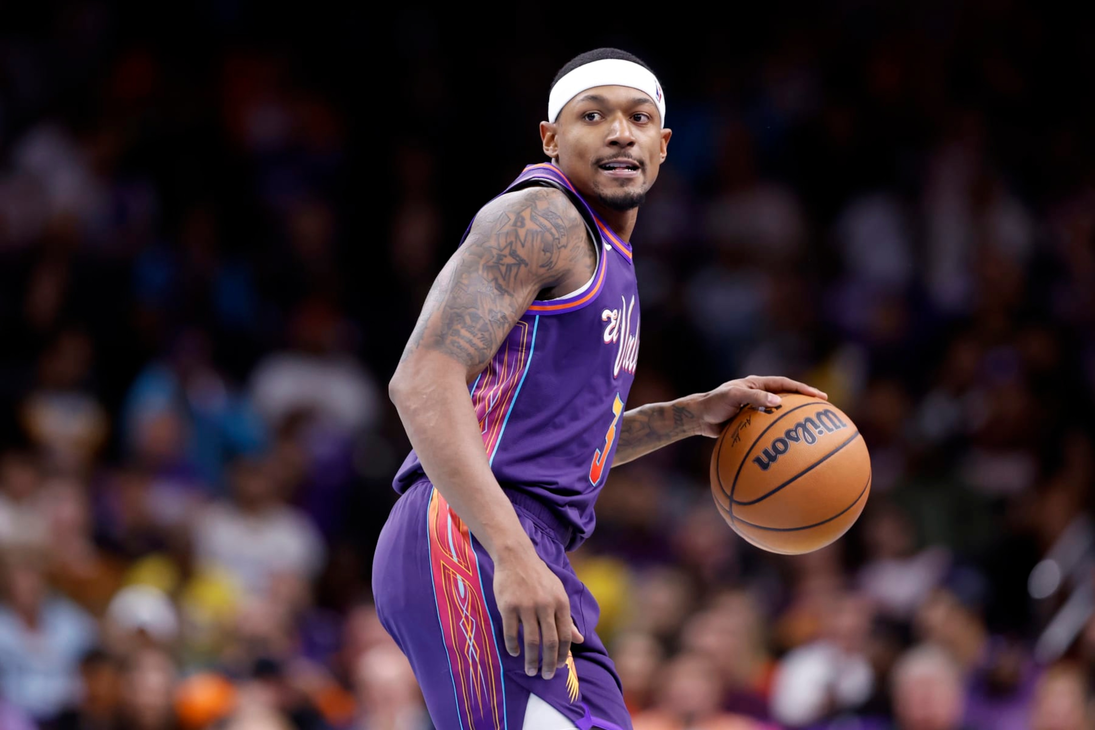 PHOENIX, ARIZONA - NOVEMBER 10: Bradley Beal #3 of the Phoenix Suns controls the ball during the first half of the In-Season Tournament game against the Los Angeles Lakers at Footprint Center on November 10, 2023 in Phoenix, Arizona. The Lakers defeated the Suns 122-119. NOTE TO USER: User expressly acknowledges and agrees that, by downloading and or using this photograph, User is consenting to the terms and conditions of the Getty Images License Agreement. (Photo by Chris Coduto/Getty Images)